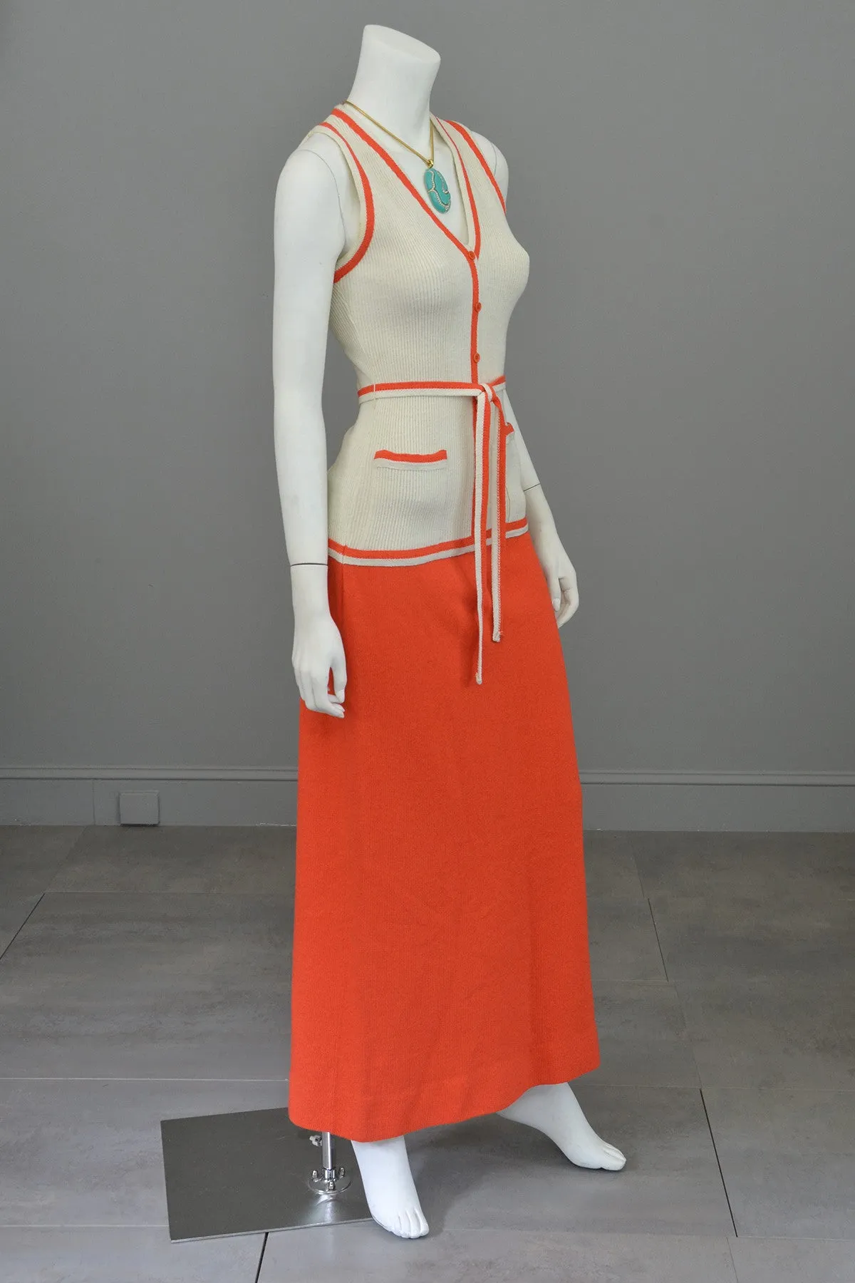 1970s Orange and Off-White Color Block ModKnit Maxi Dress