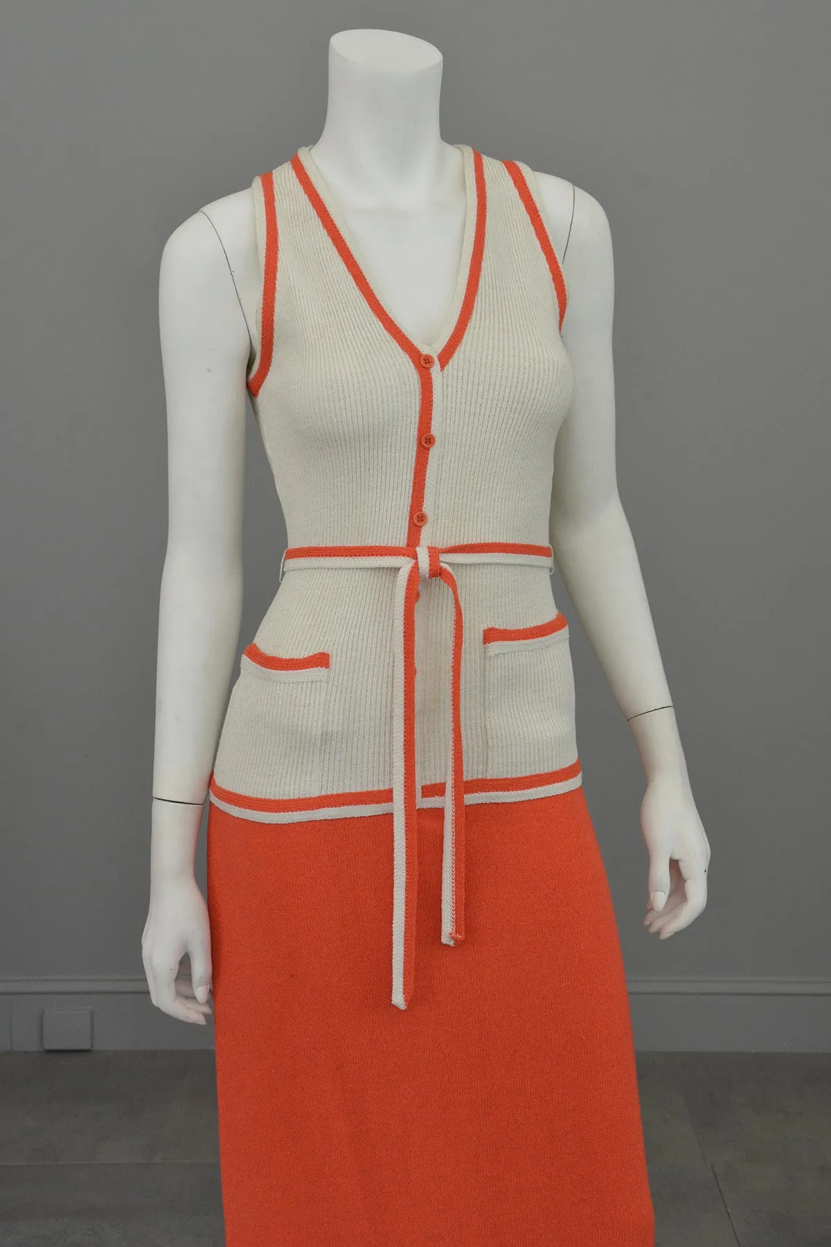 1970s Orange and Off-White Color Block ModKnit Maxi Dress