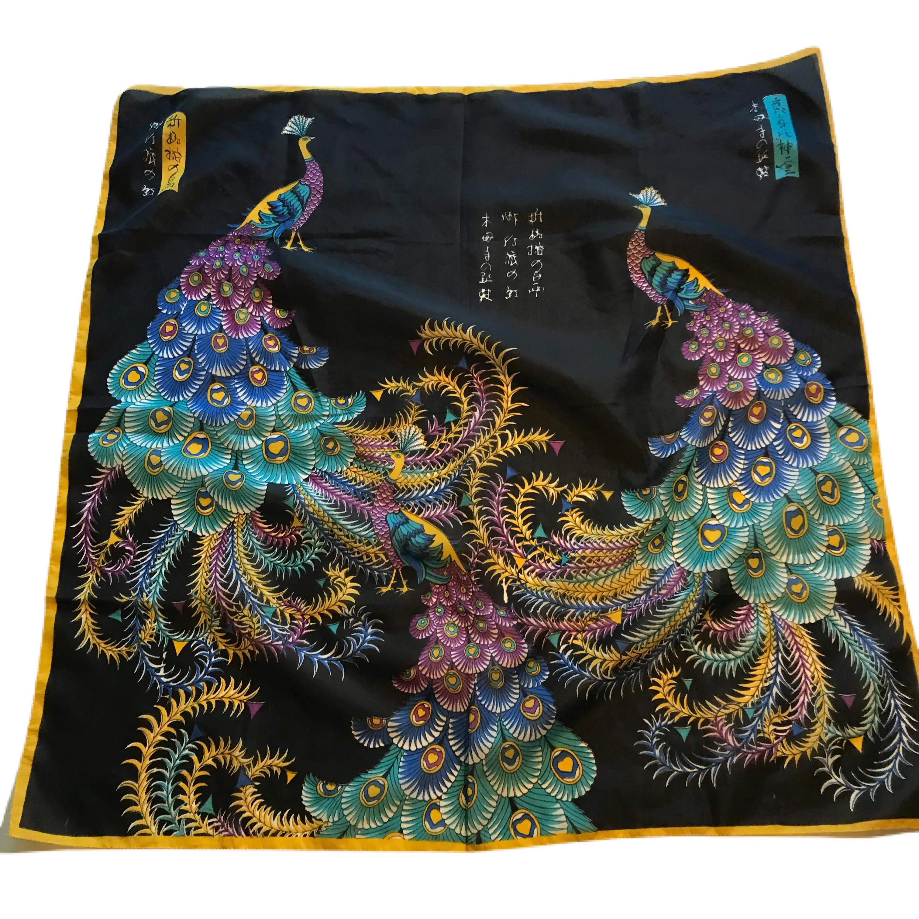 Asian Peacock Print Black Square Scarf circa 1960s