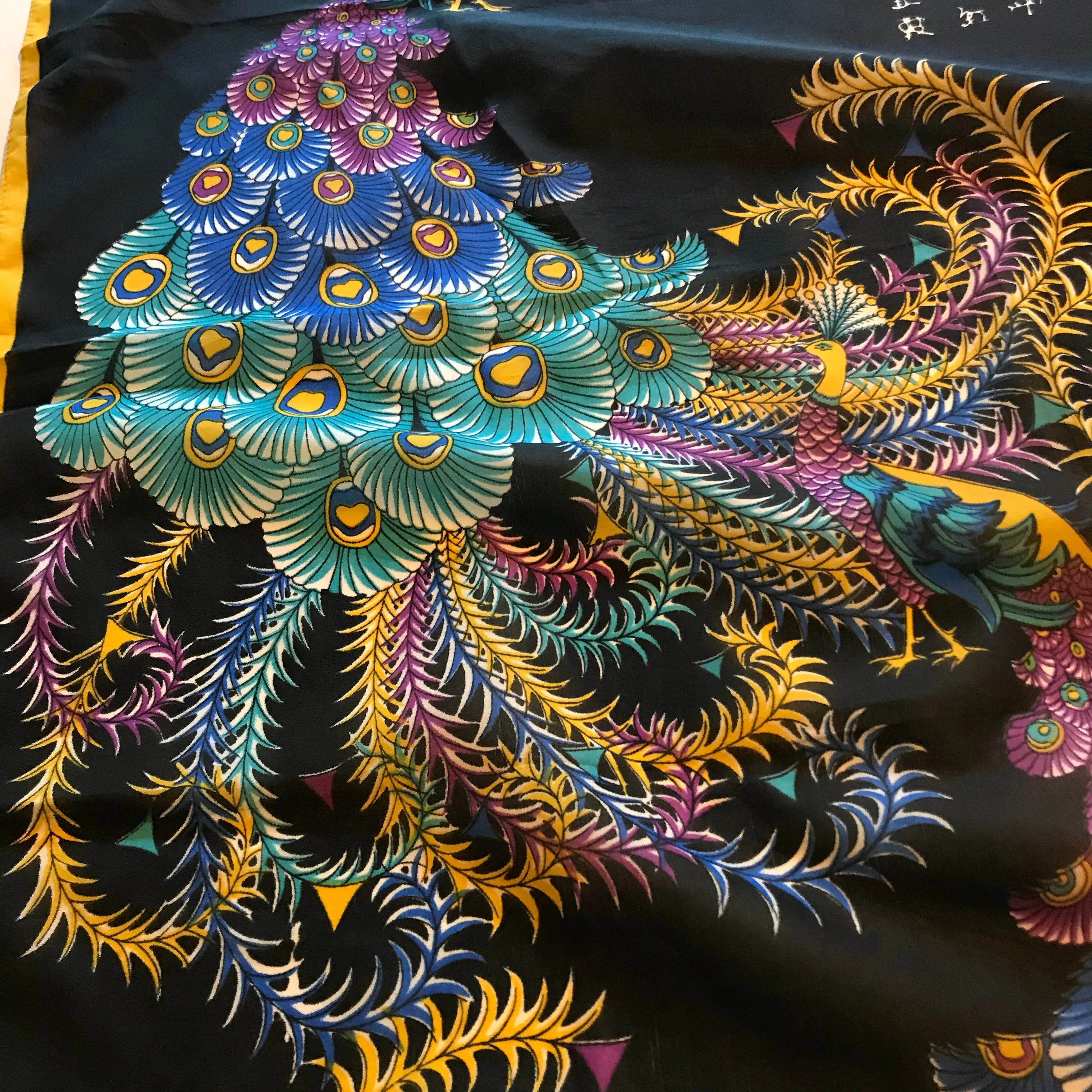 Asian Peacock Print Black Square Scarf circa 1960s