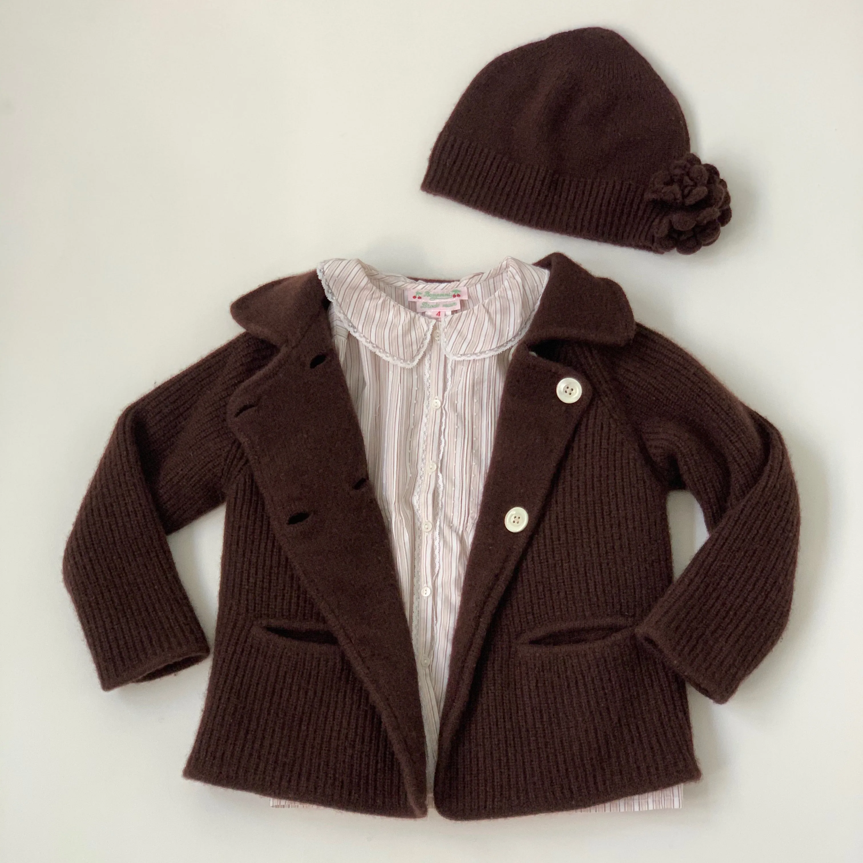 Baby CZ Chocolate Brown Double Face Cashmere Cardigan With Hat: 4 Years