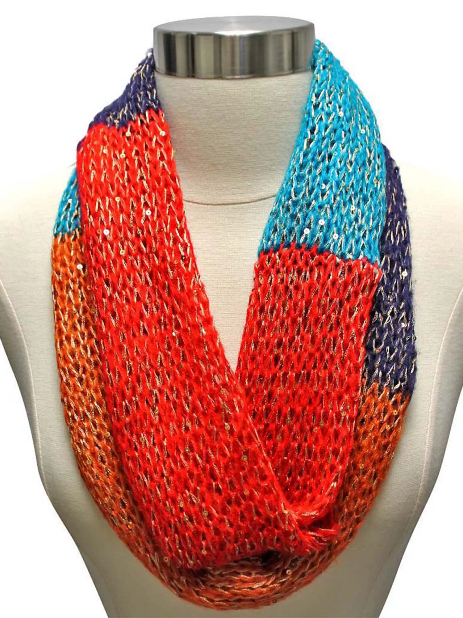 Blue Color Block Winter Knit Infinity Scarf With Sequins