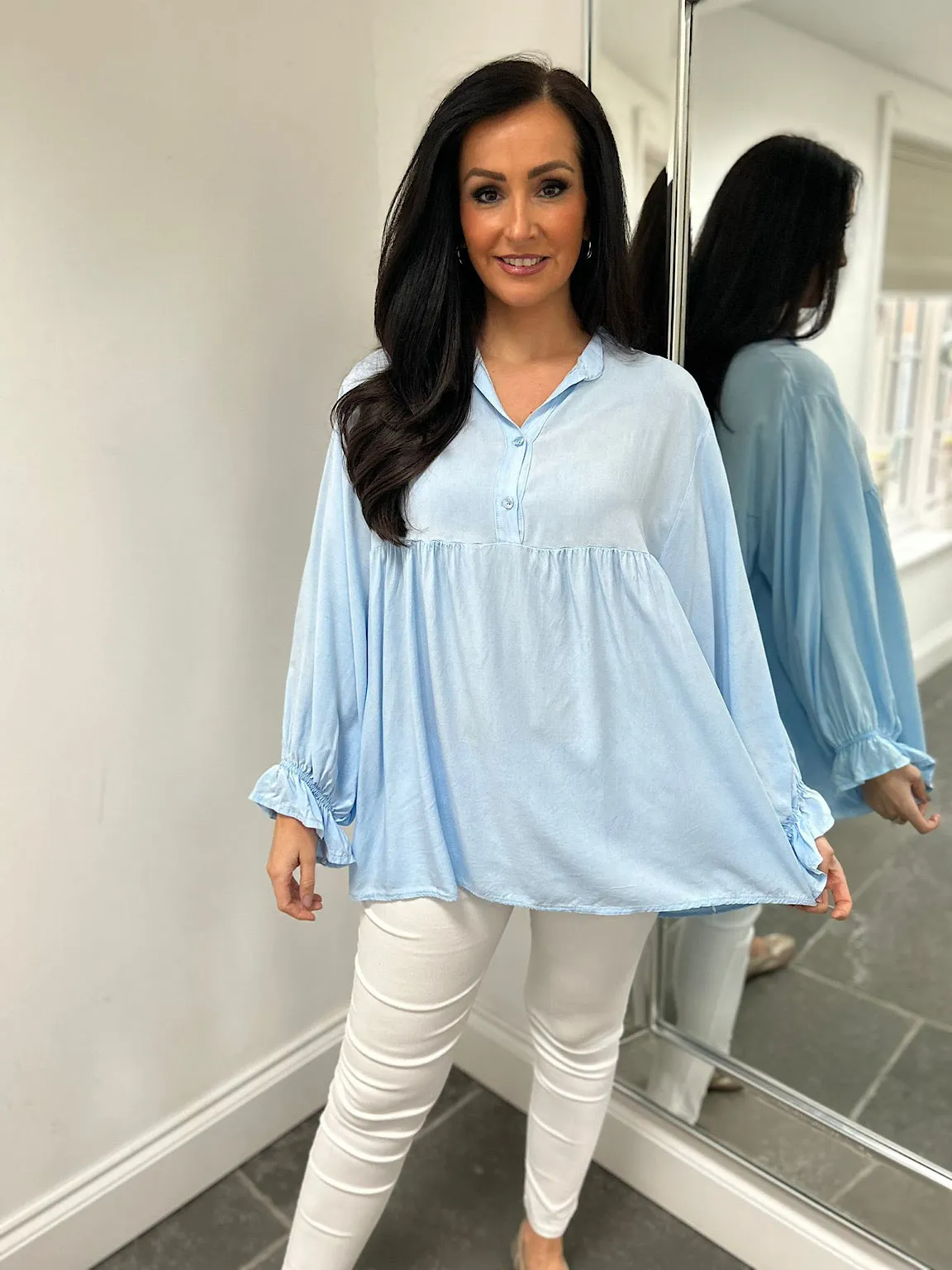 Blue Lightweight Frill Sleeve Top Felicity