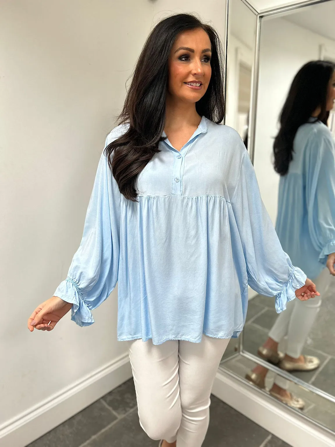 Blue Lightweight Frill Sleeve Top Felicity