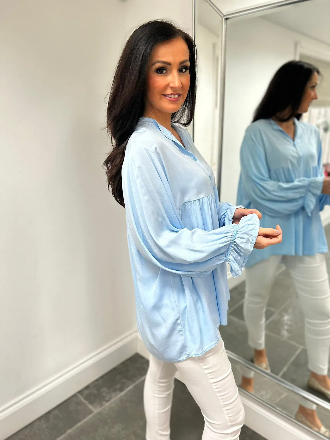 Blue Lightweight Frill Sleeve Top Felicity