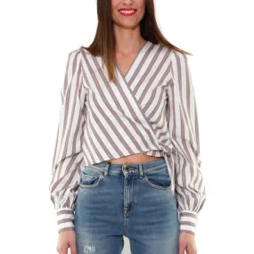 BLUSA CROPPED IN POPELINE A RIGHE, BIANCO