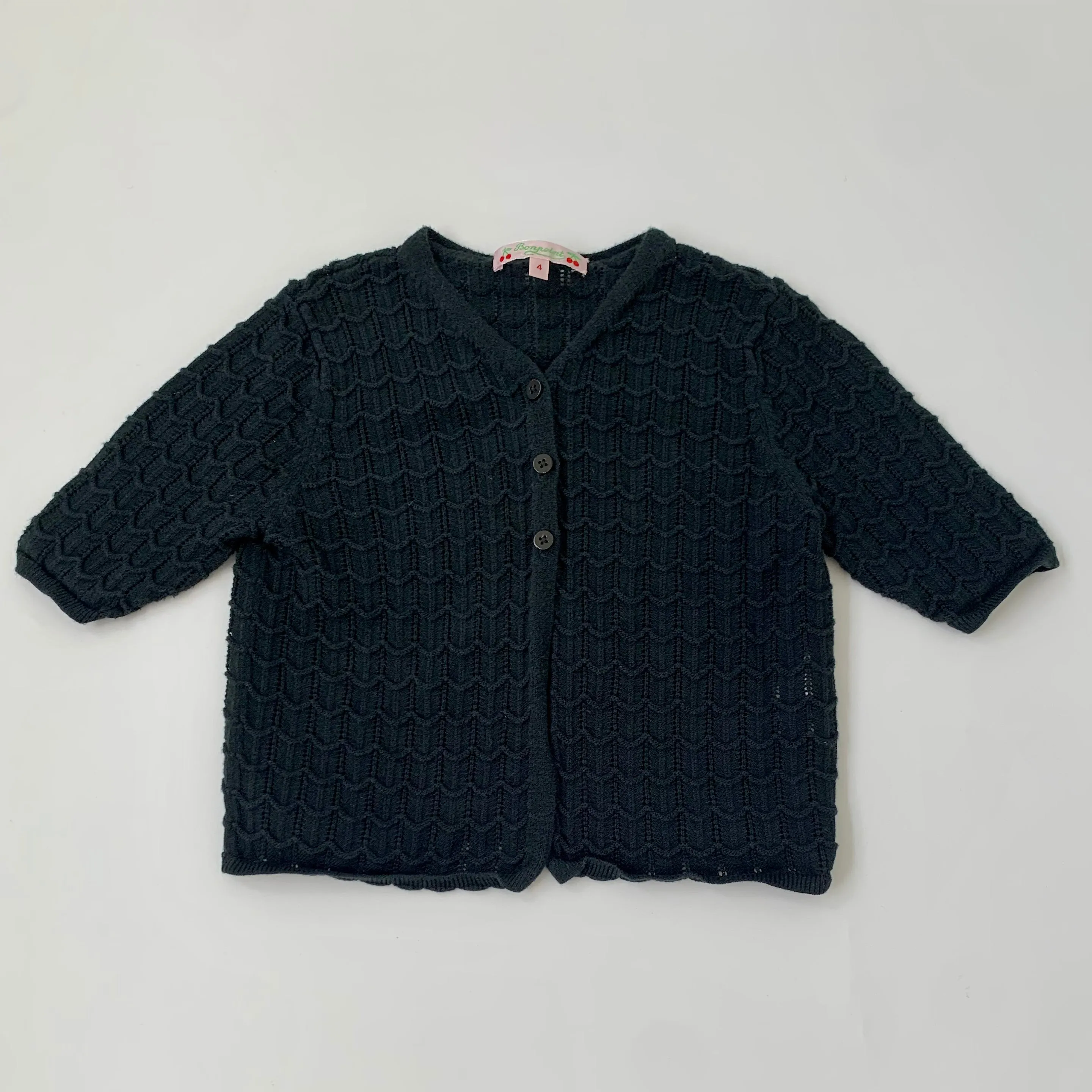 Bonpoint Black Short Sleeve Crochet Cardigan: 4 Years