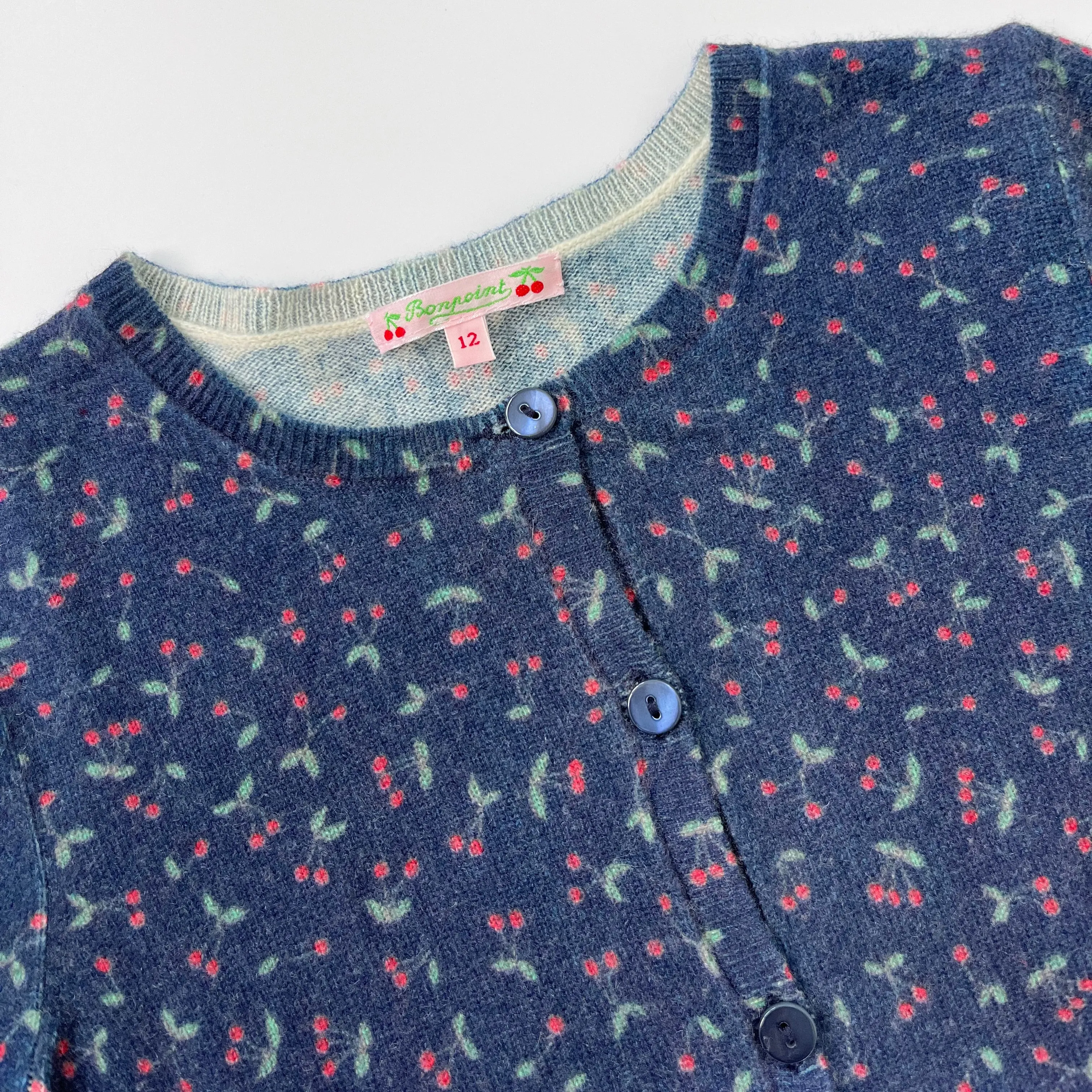 Bonpoint Navy Cherry Print Cashmere Cardigan: 12 Years