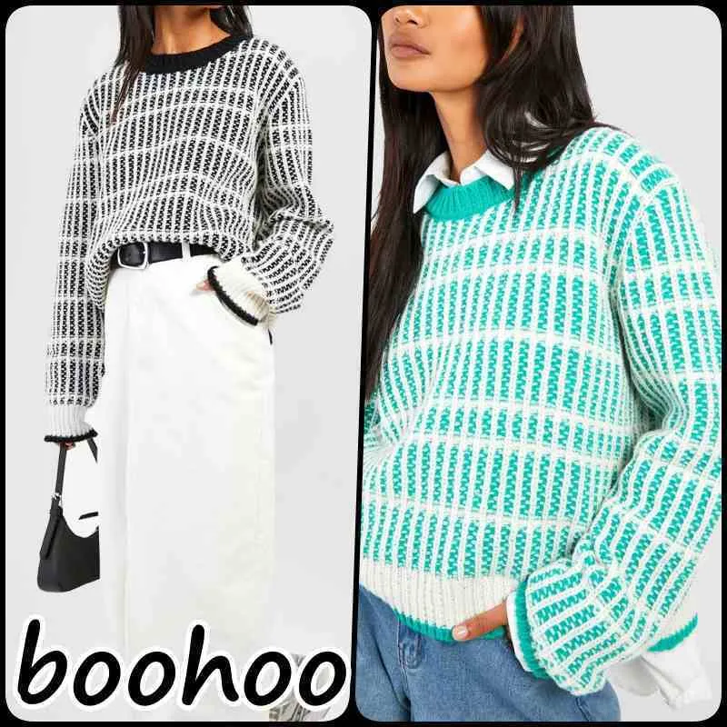 boohoo  |Crew Neck Stripes Casual Style Long Sleeves