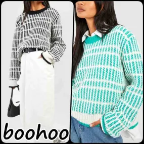 boohoo  |Crew Neck Stripes Casual Style Long Sleeves