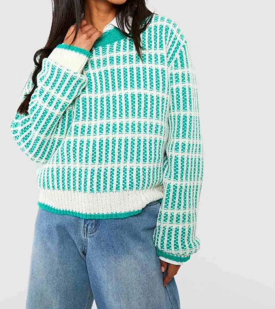 boohoo  |Crew Neck Stripes Casual Style Long Sleeves