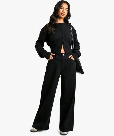 boohoo Womens Petite Basic Black Wide Leg Jeans