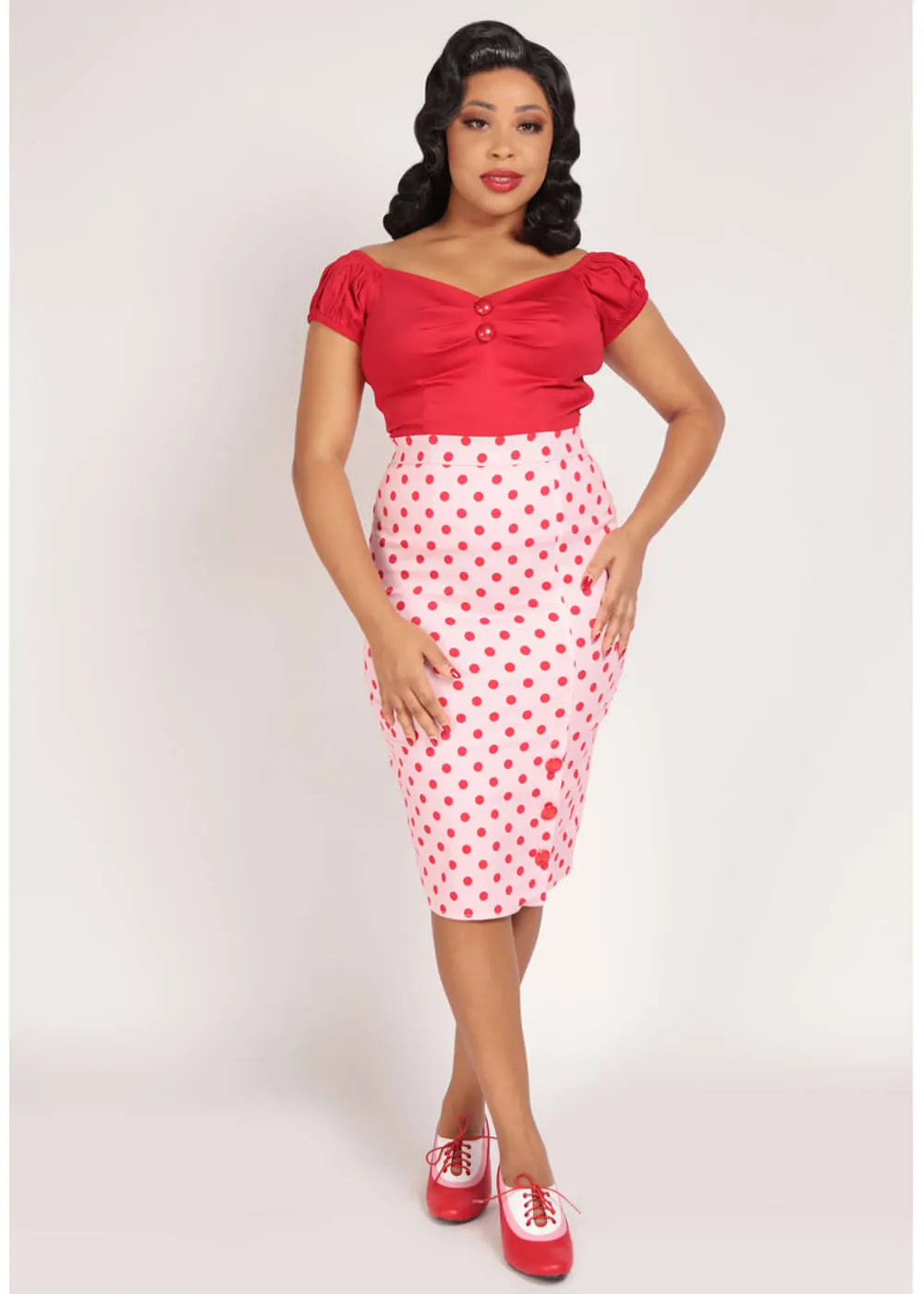 Collectif Charlotte Polka Dot 50's Pencil Skirt Pink Red