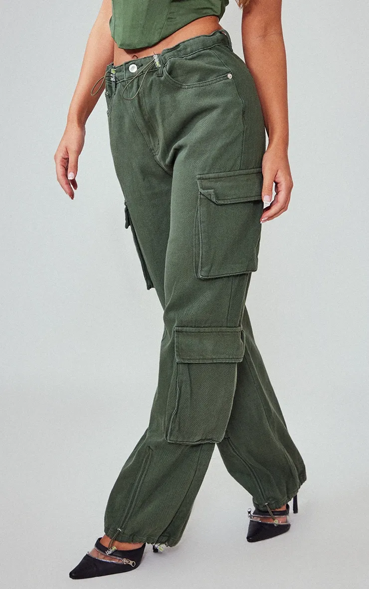 Dark Khaki Cargo Pocket Toggle Hem Jeans