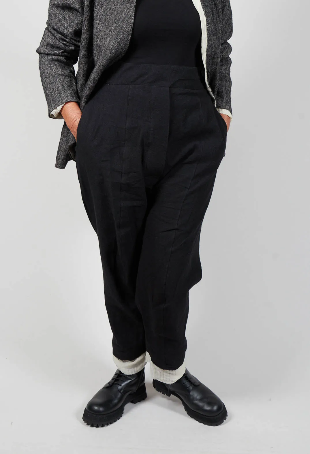 Dropcrotch Trousers with Contrasting Hem in Black