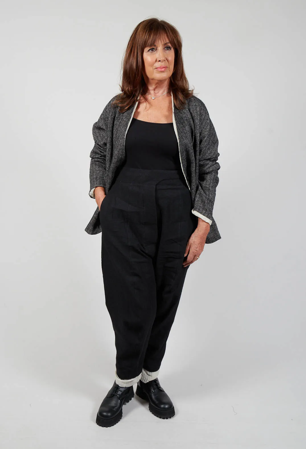 Dropcrotch Trousers with Contrasting Hem in Black