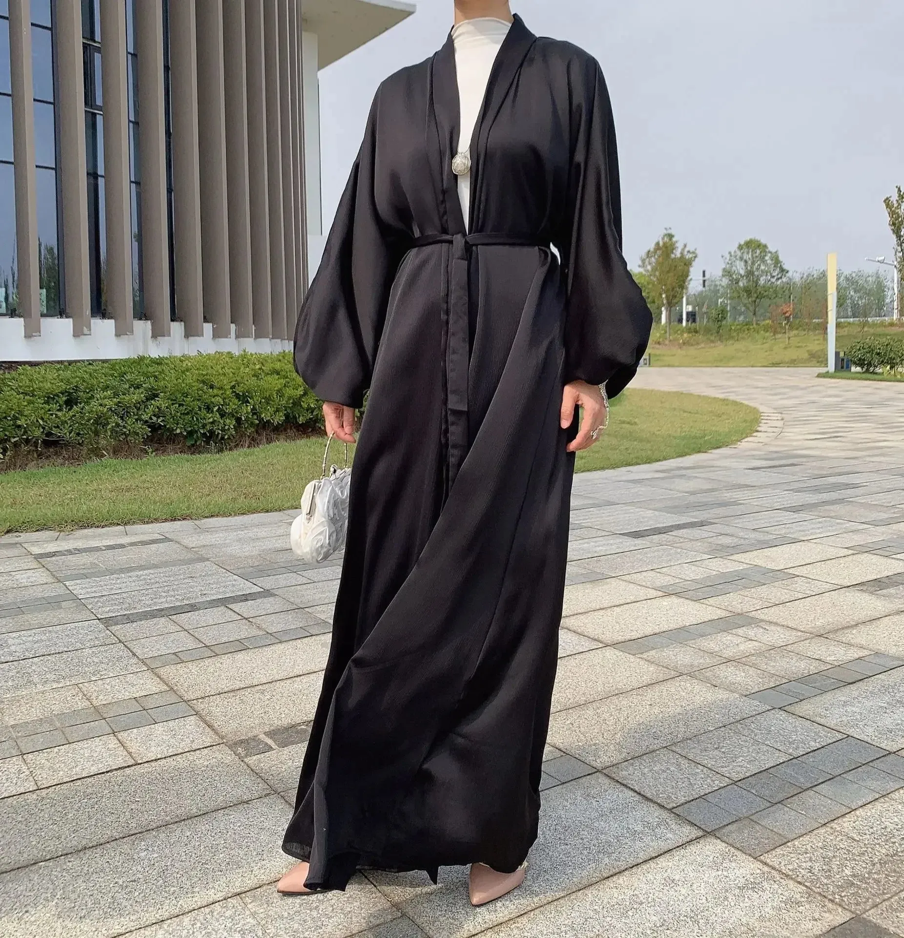 Elegance Satin Muslim Abaya Long Dress Women Cardigan