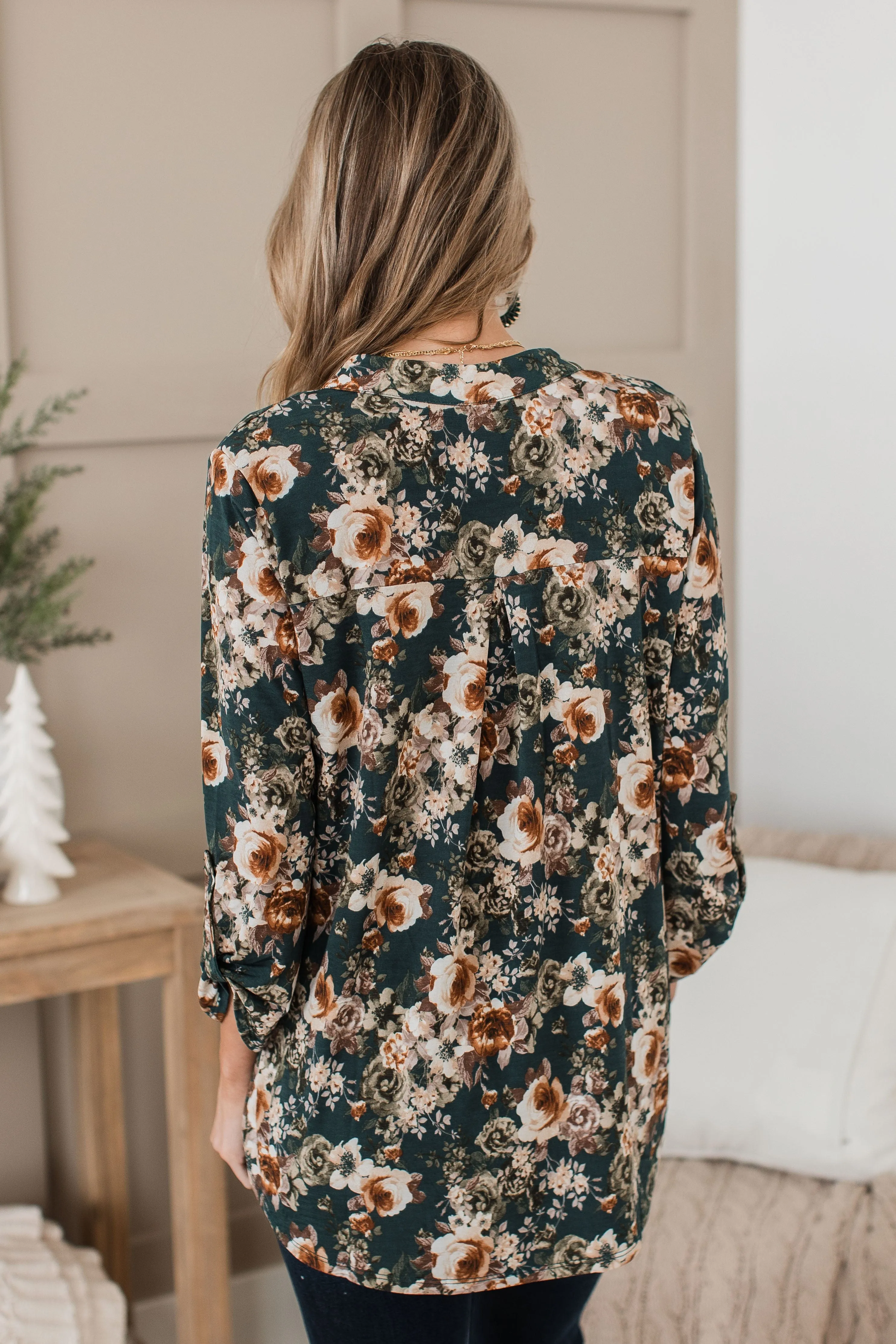 Floral Aromas V-Neck Blouse- Hunter Green