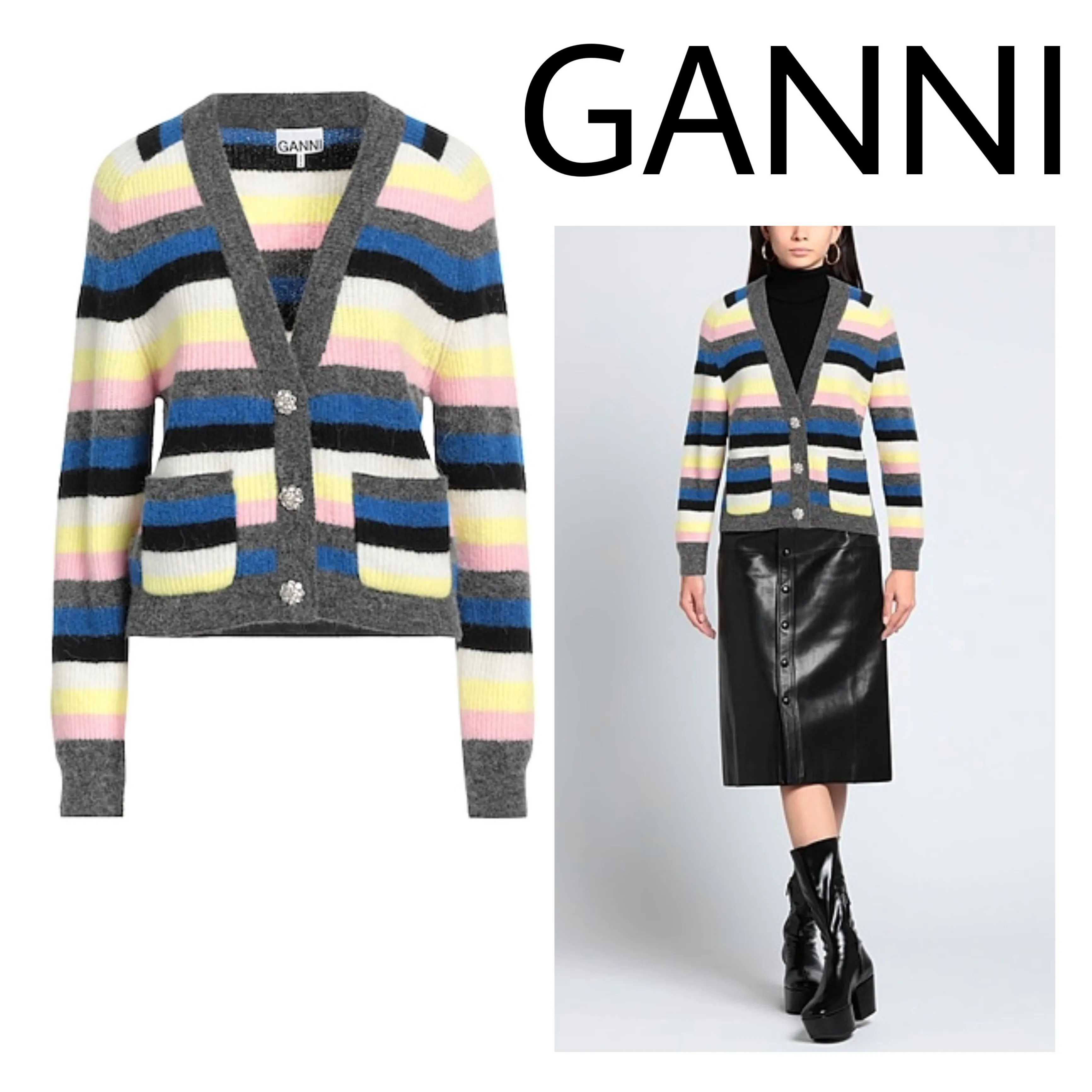 Ganni  |Stripes Casual Style Wool Nylon Blended Fabrics Long Sleeves