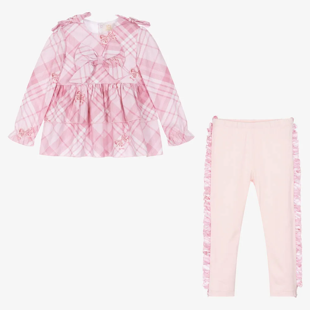 Girls Pink Cotton Check Leggings Set