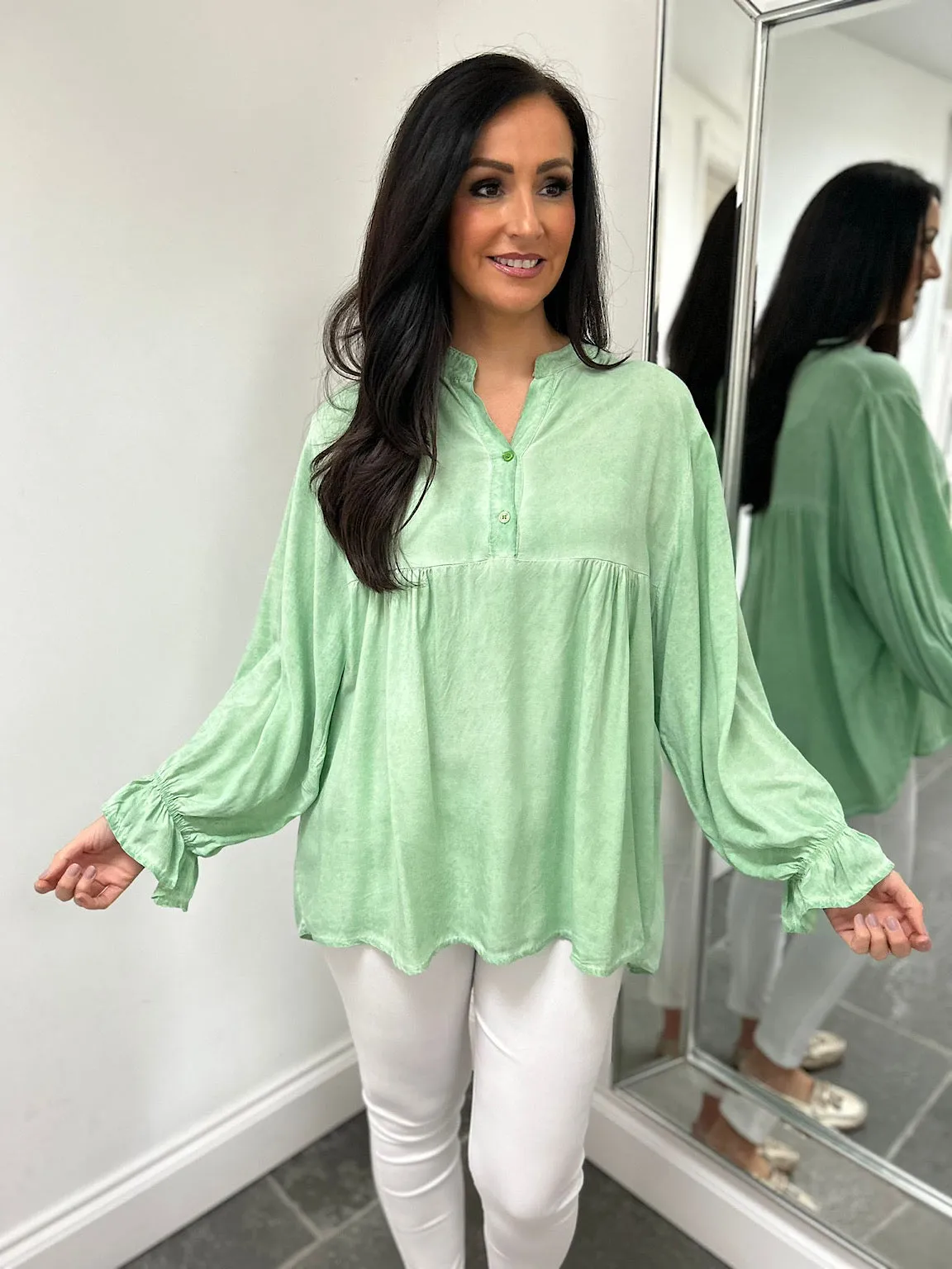 Green Lightweight Frill Sleeve Top Felicity