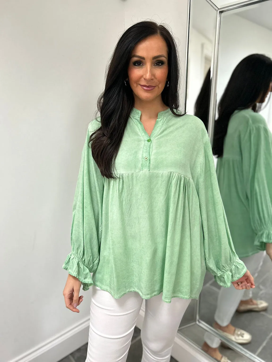 Green Lightweight Frill Sleeve Top Felicity