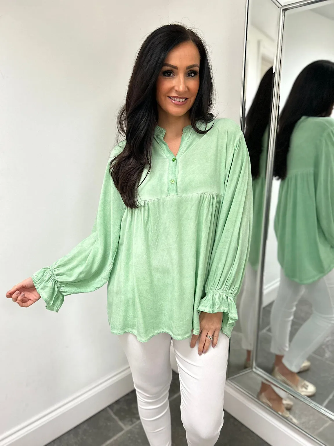 Green Lightweight Frill Sleeve Top Felicity