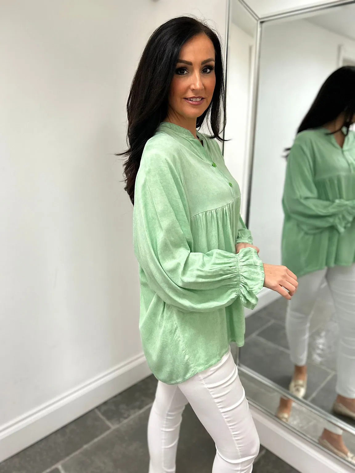 Green Lightweight Frill Sleeve Top Felicity