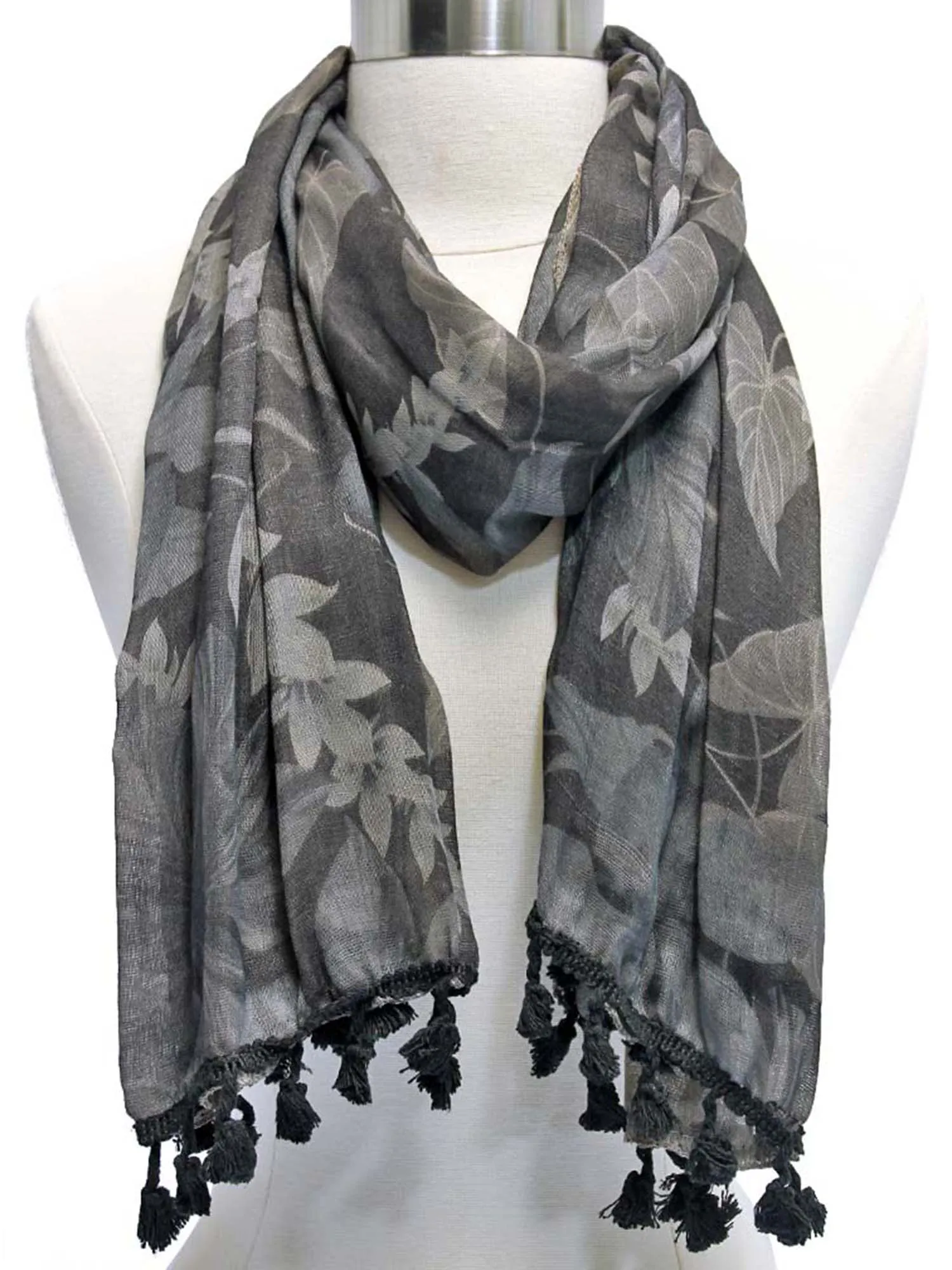 Grey Multicolor Floral Print Scarf With Tassels