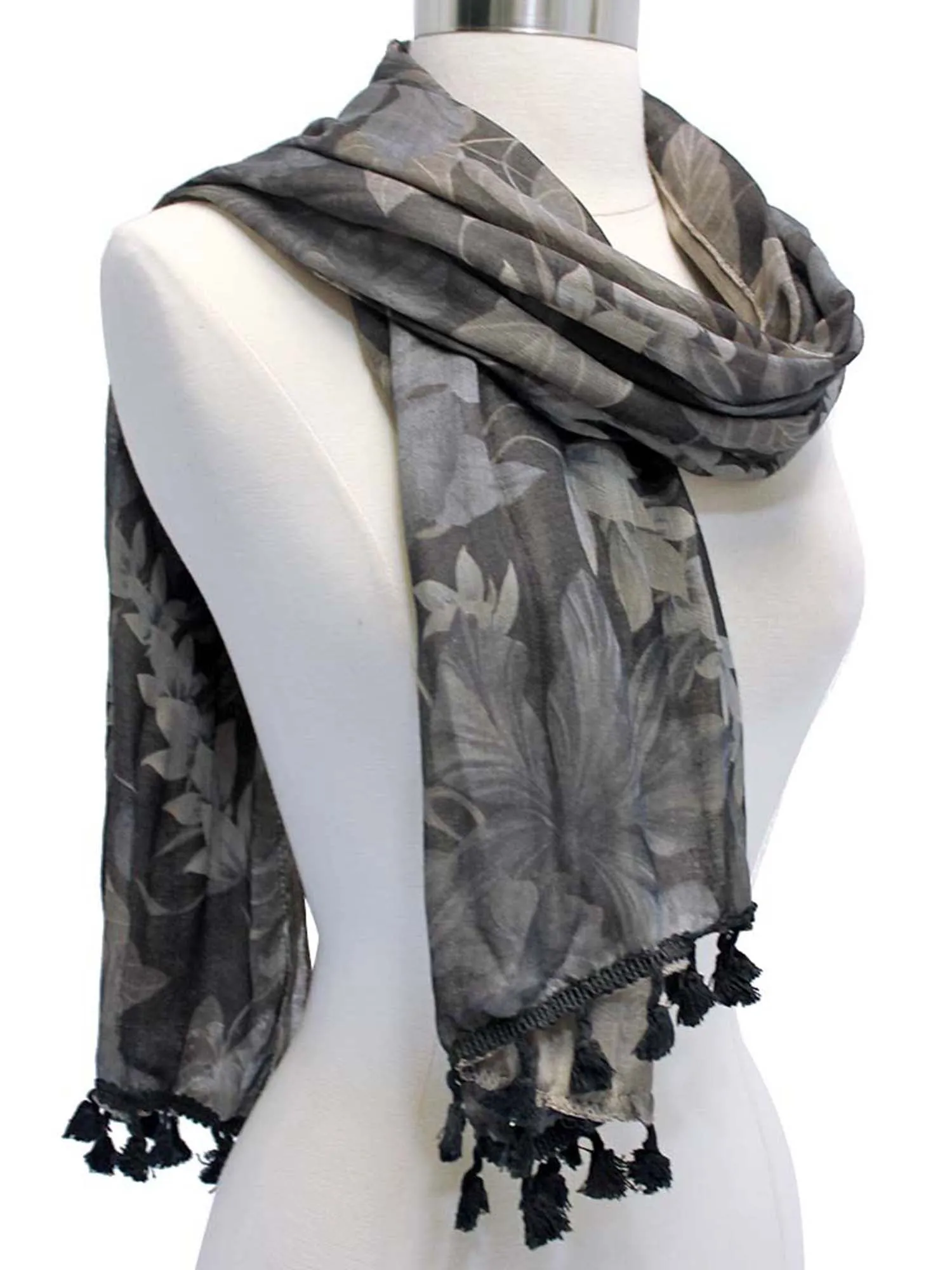 Grey Multicolor Floral Print Scarf With Tassels