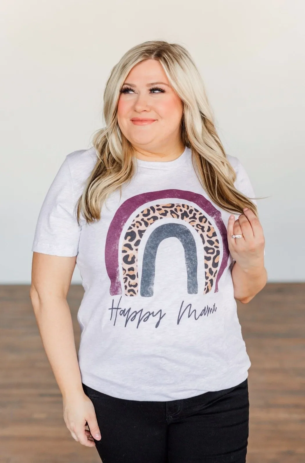 Happy Mama Rainbow Graphic Tee- Light Heather Grey