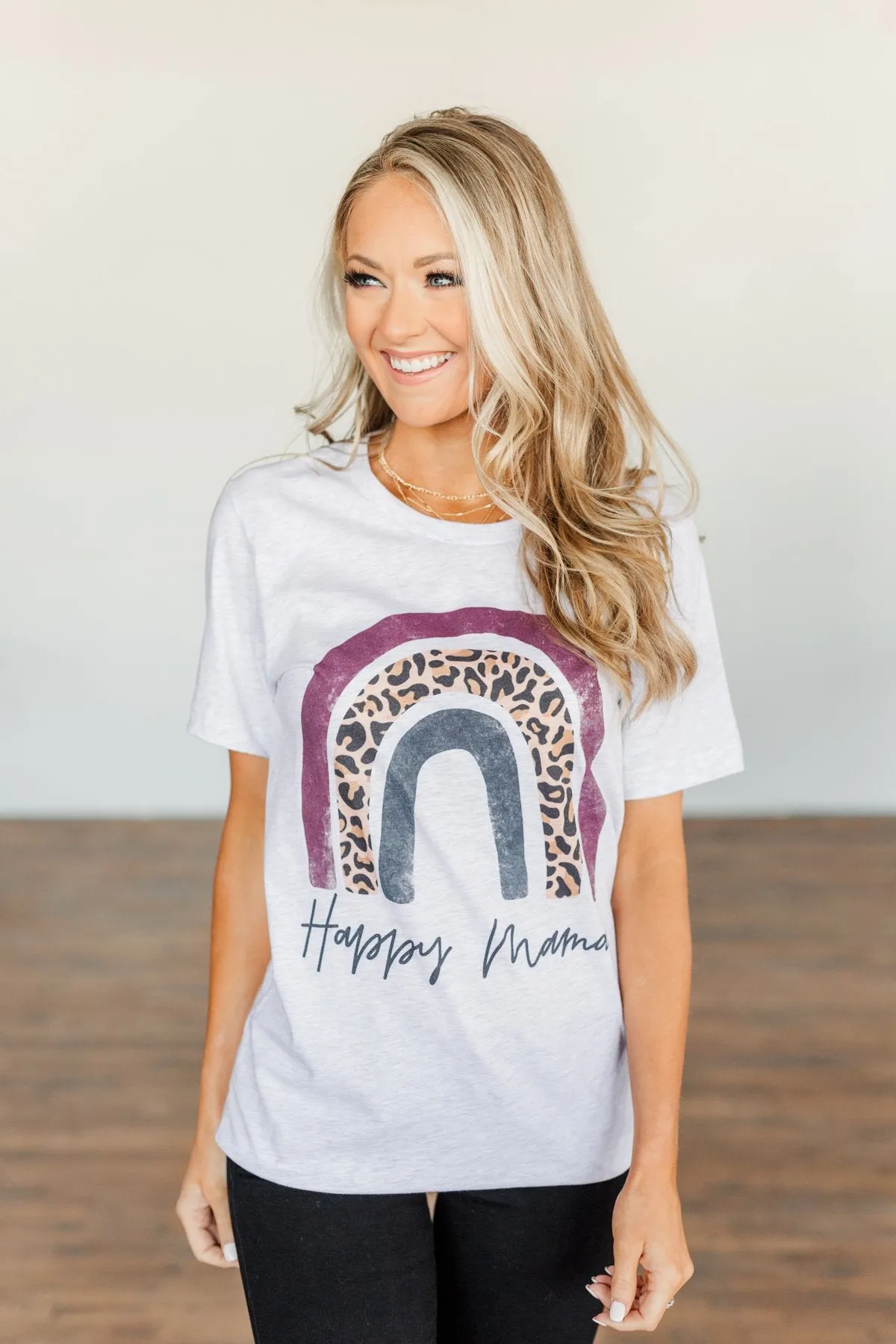 Happy Mama Rainbow Graphic Tee- Light Heather Grey