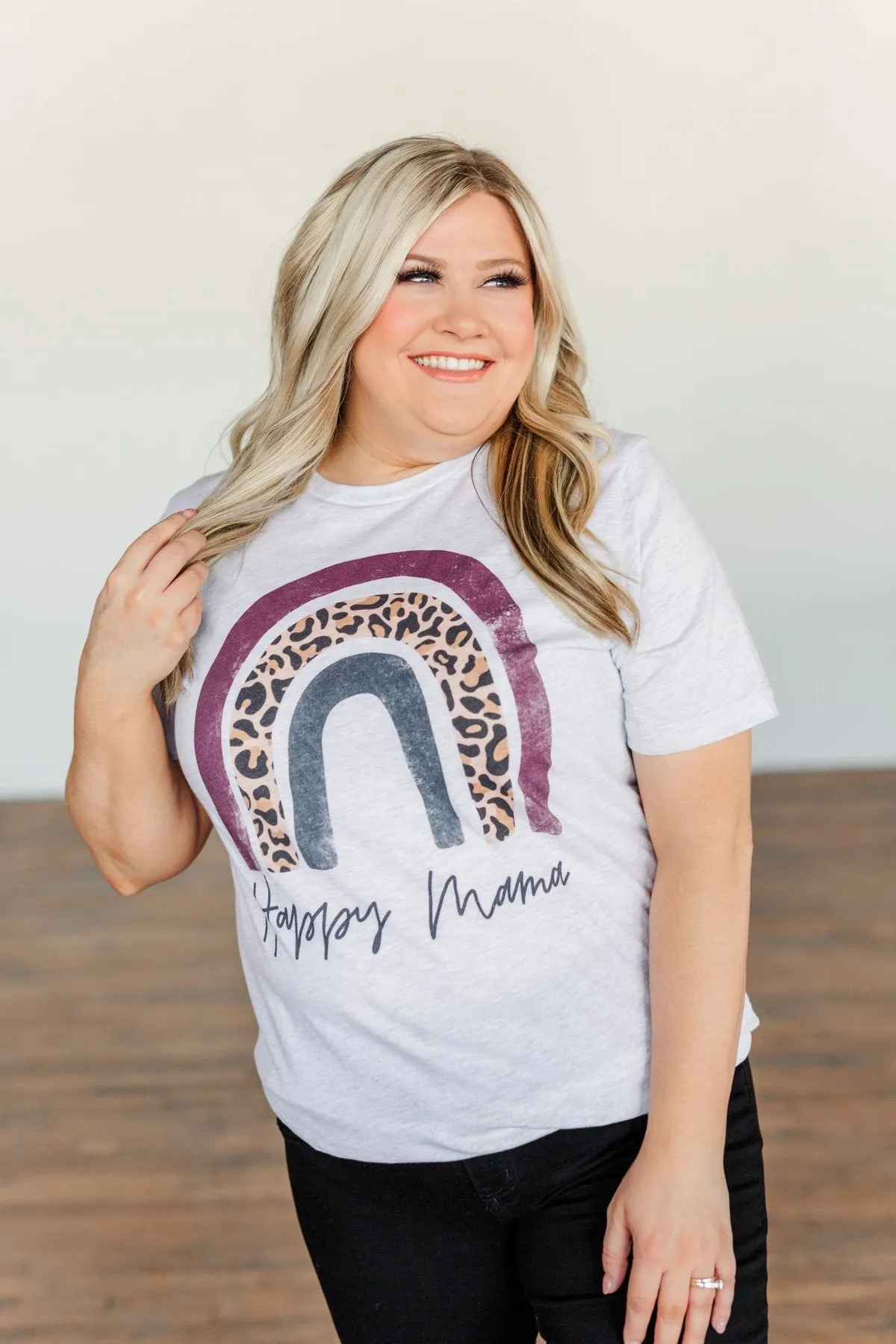 Happy Mama Rainbow Graphic Tee- Light Heather Grey