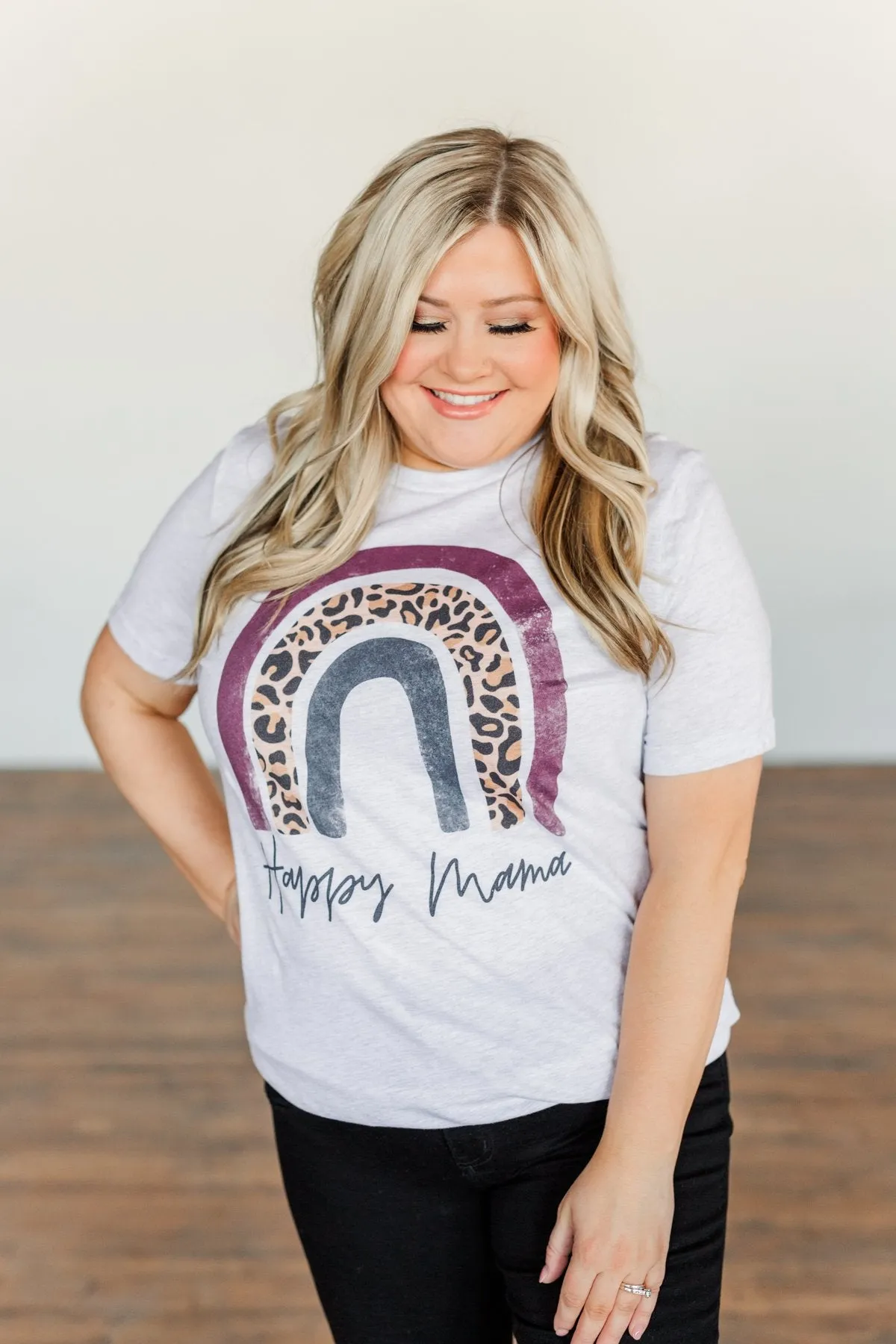 Happy Mama Rainbow Graphic Tee- Light Heather Grey