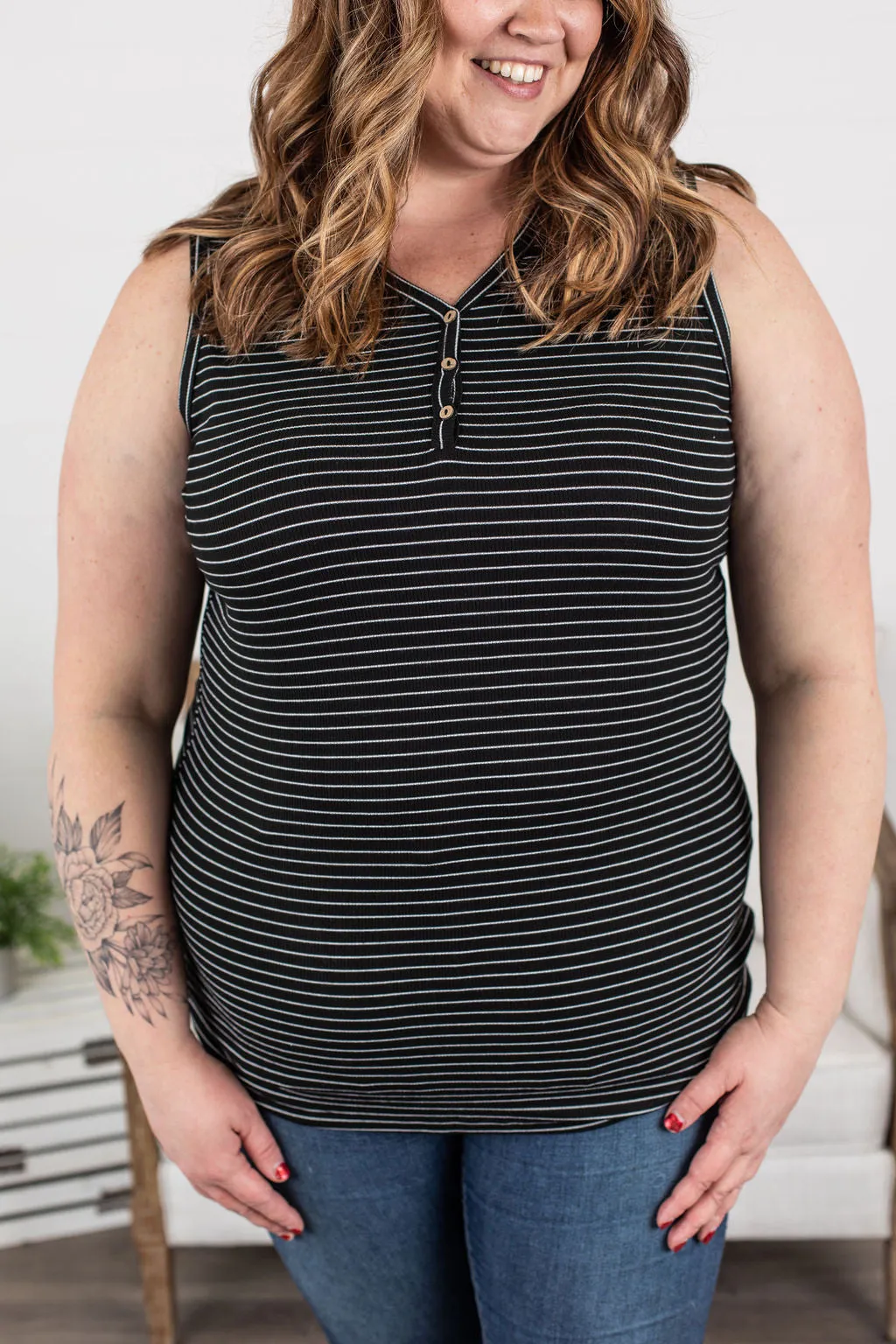 IN STOCK Addison Henley Tank - Black w/White Stripes FINAL SALE