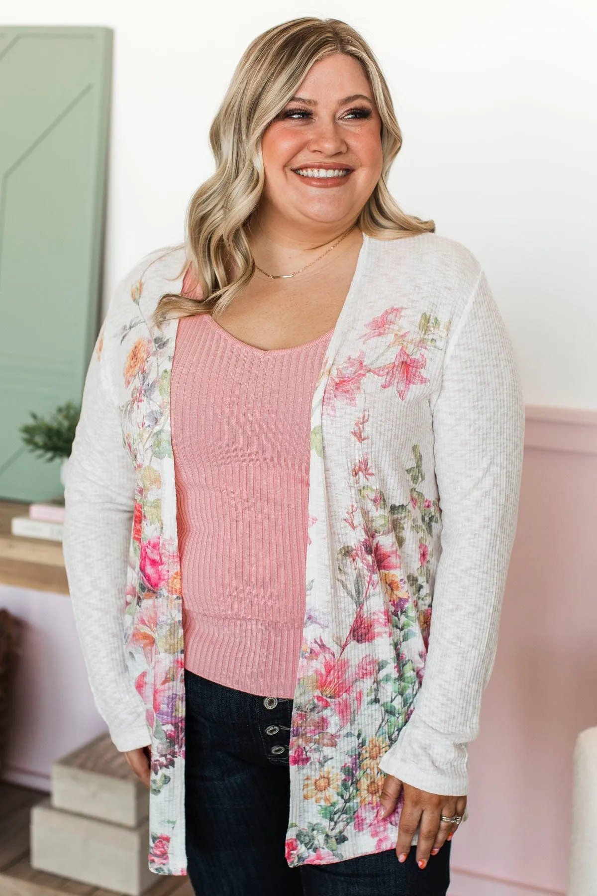 In Time For Spring Floral Cardigan- Ivory & Pink