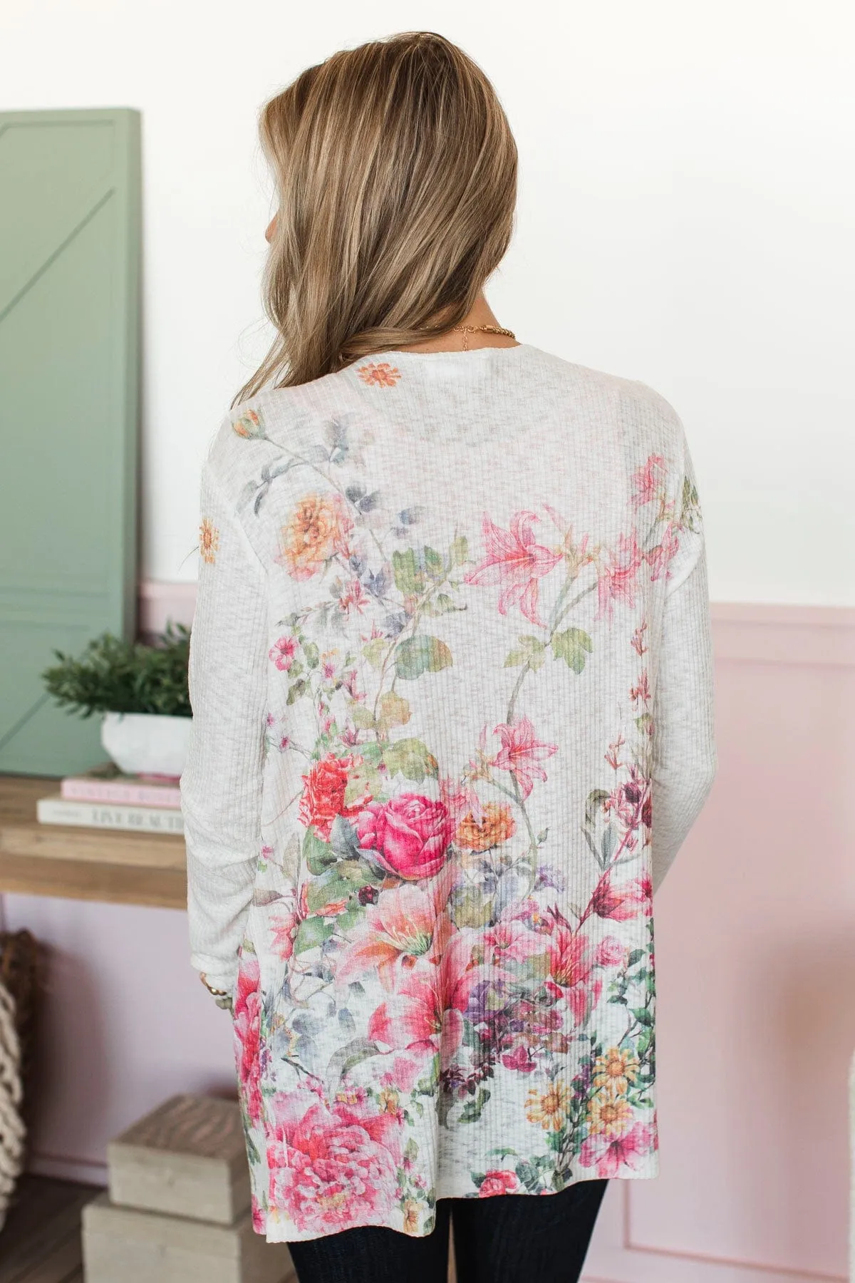 In Time For Spring Floral Cardigan- Ivory & Pink