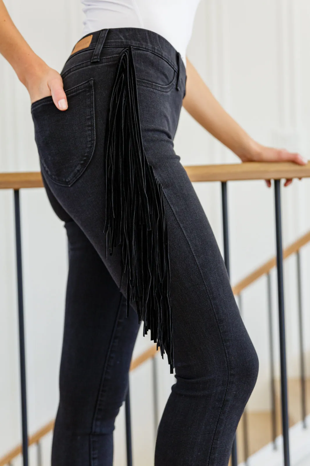 Judy Blue Side Fringe Skinny Jeggings In Black