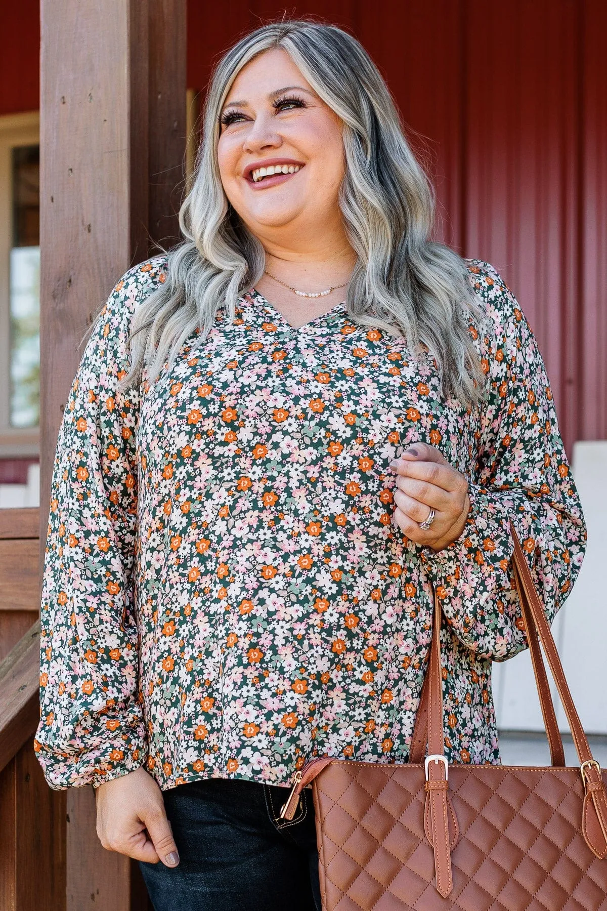 Keeping Dreams Alive Floral Blouse- Hunter Green