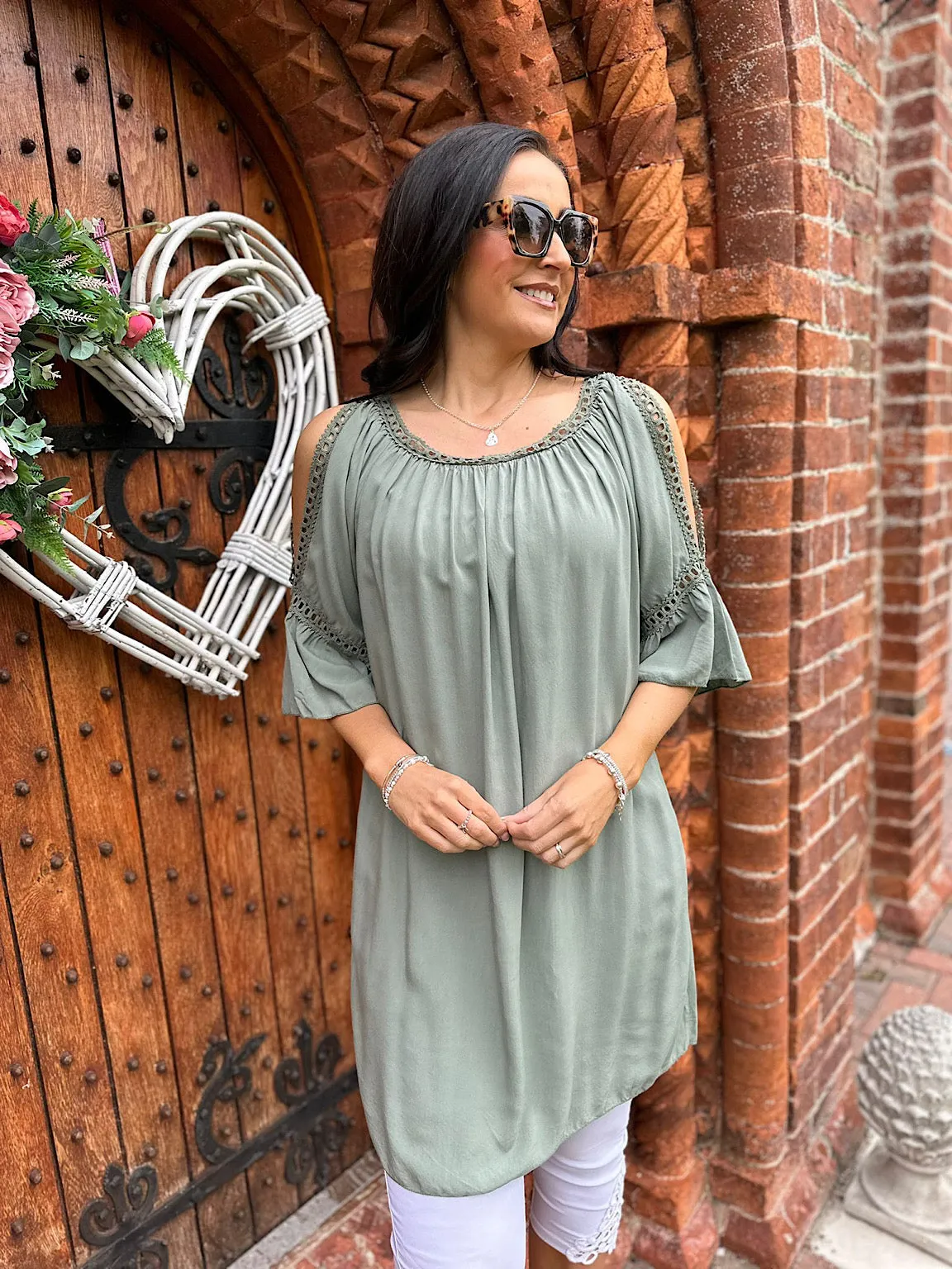 Khaki Crochet Cold Shoulder Dress Monica