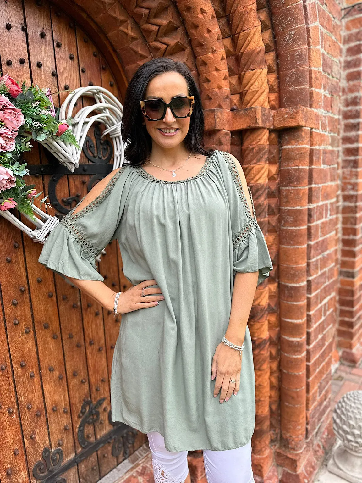 Khaki Crochet Cold Shoulder Dress Monica