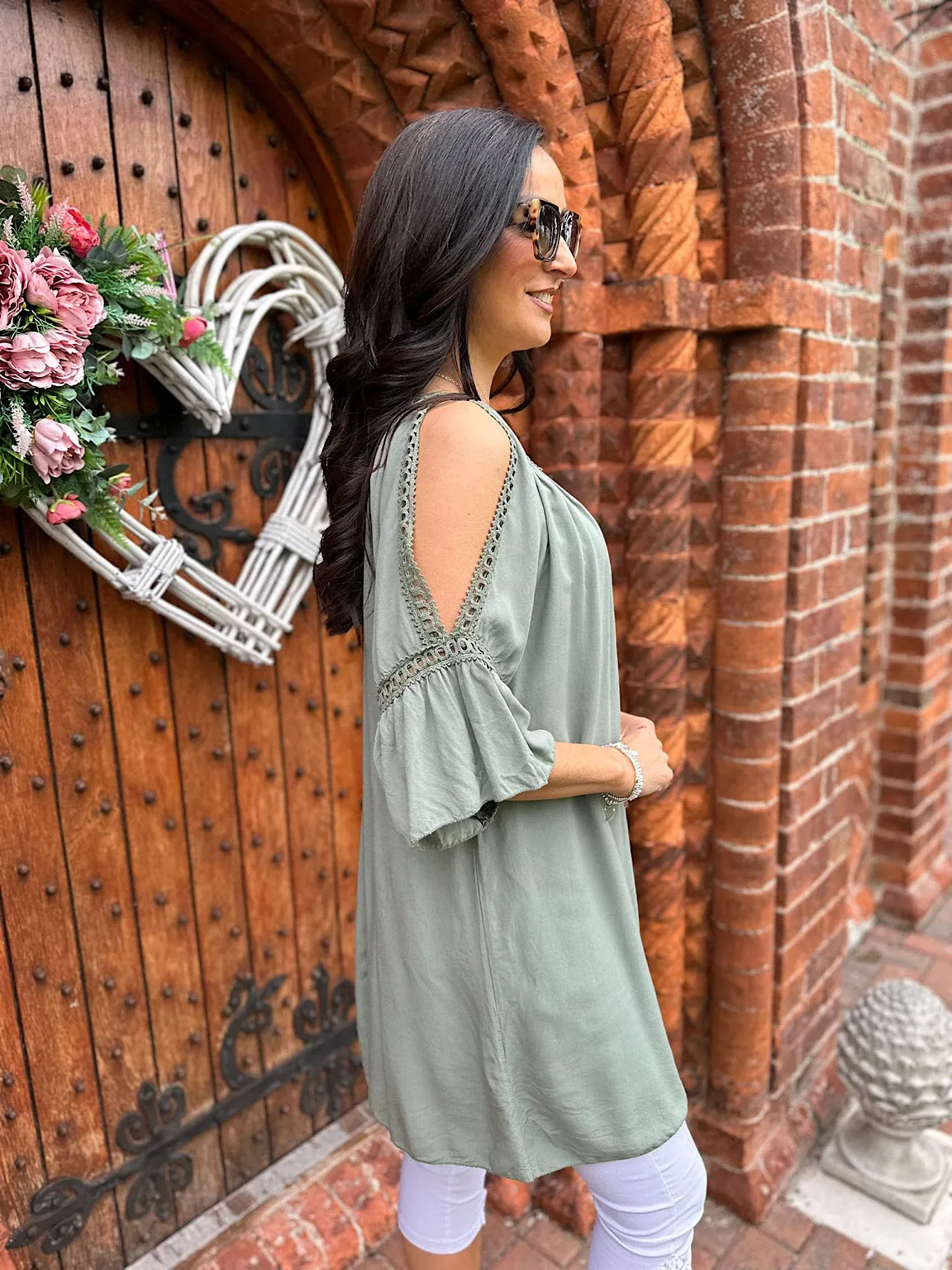 Khaki Crochet Cold Shoulder Dress Monica