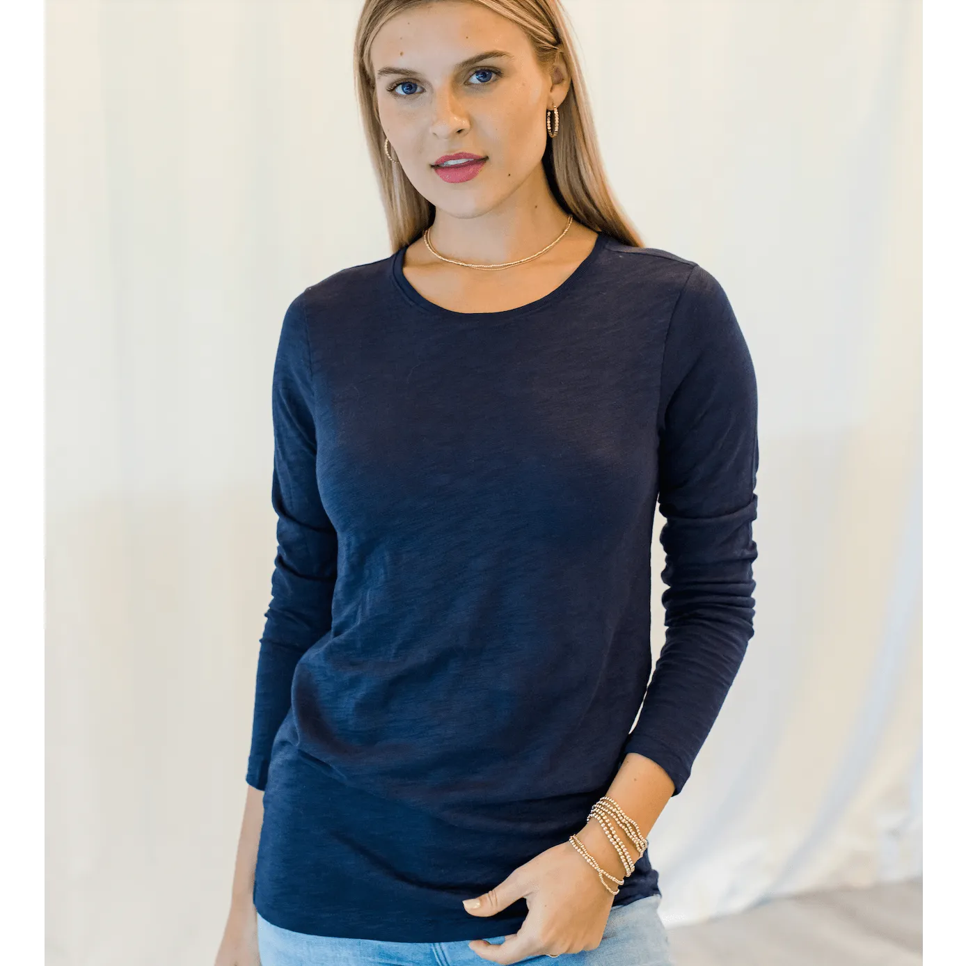 Long Sleeve CYA Crew in Navy Pima Cotton Slub