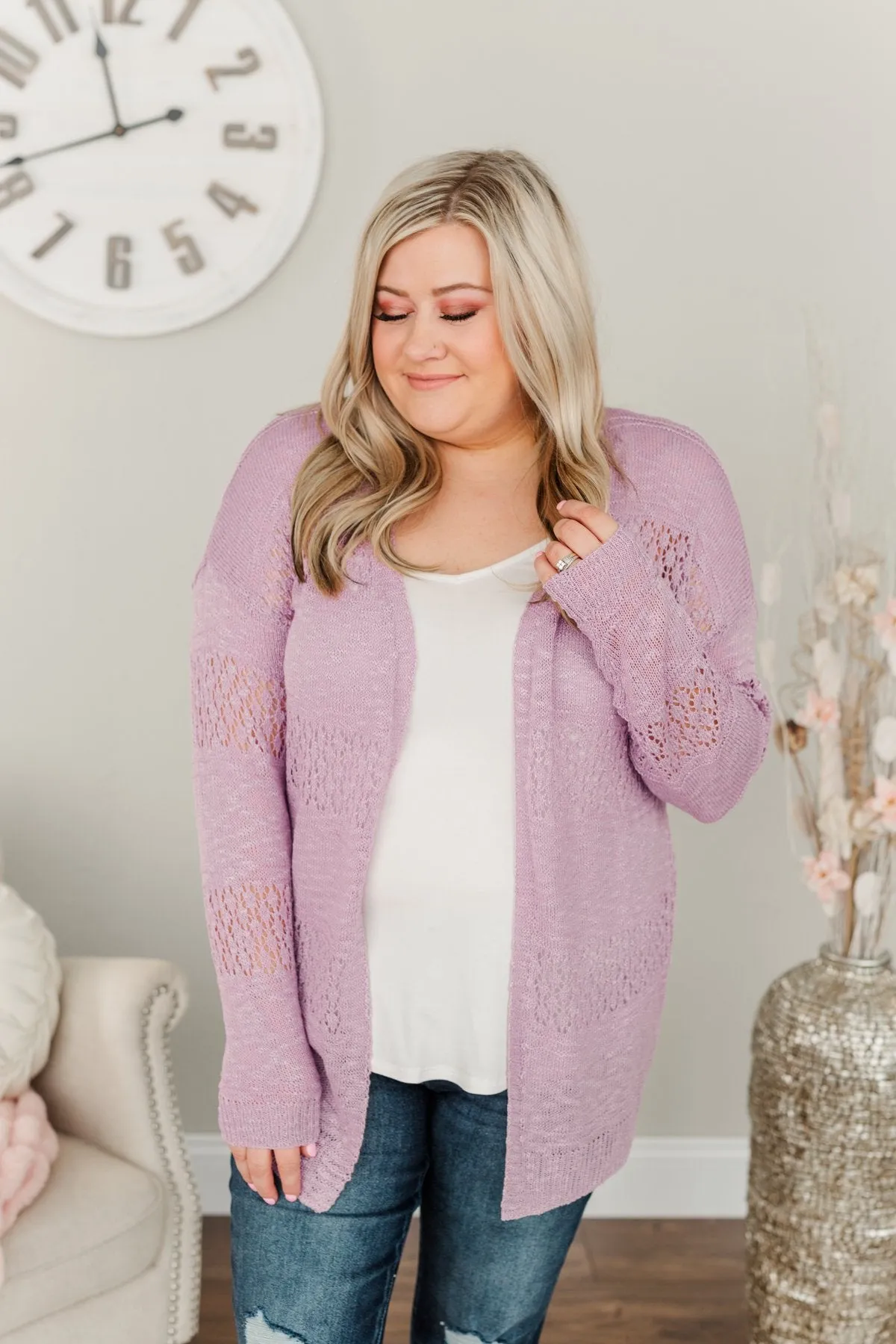 Lovely Life To Live Open Knit Cardigan- Lavender