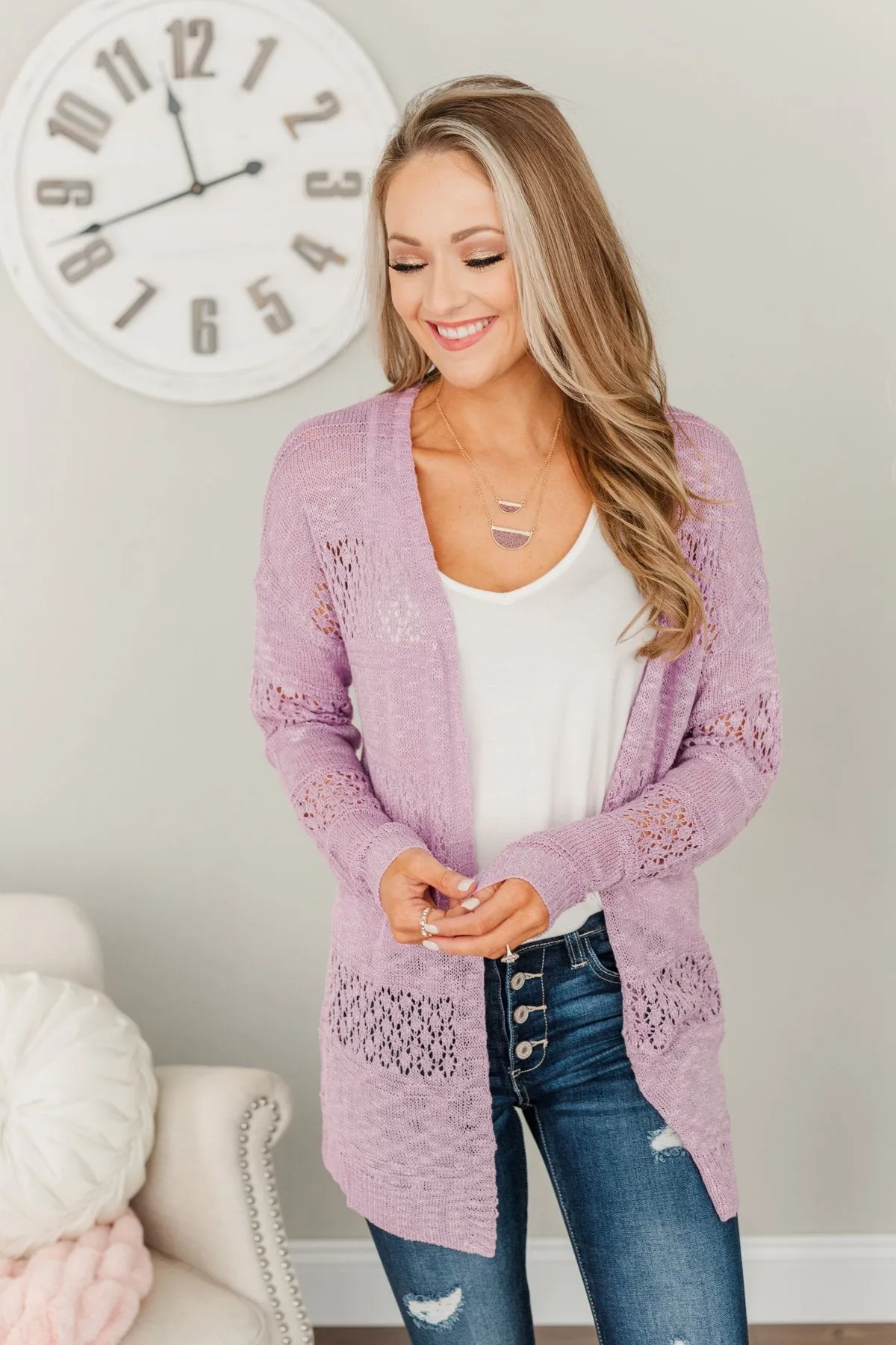 Lovely Life To Live Open Knit Cardigan- Lavender