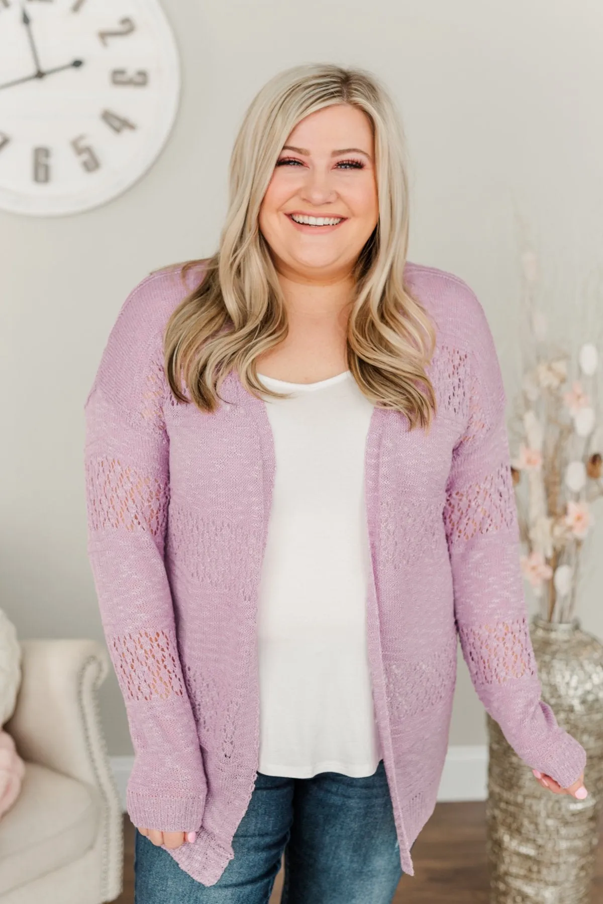 Lovely Life To Live Open Knit Cardigan- Lavender