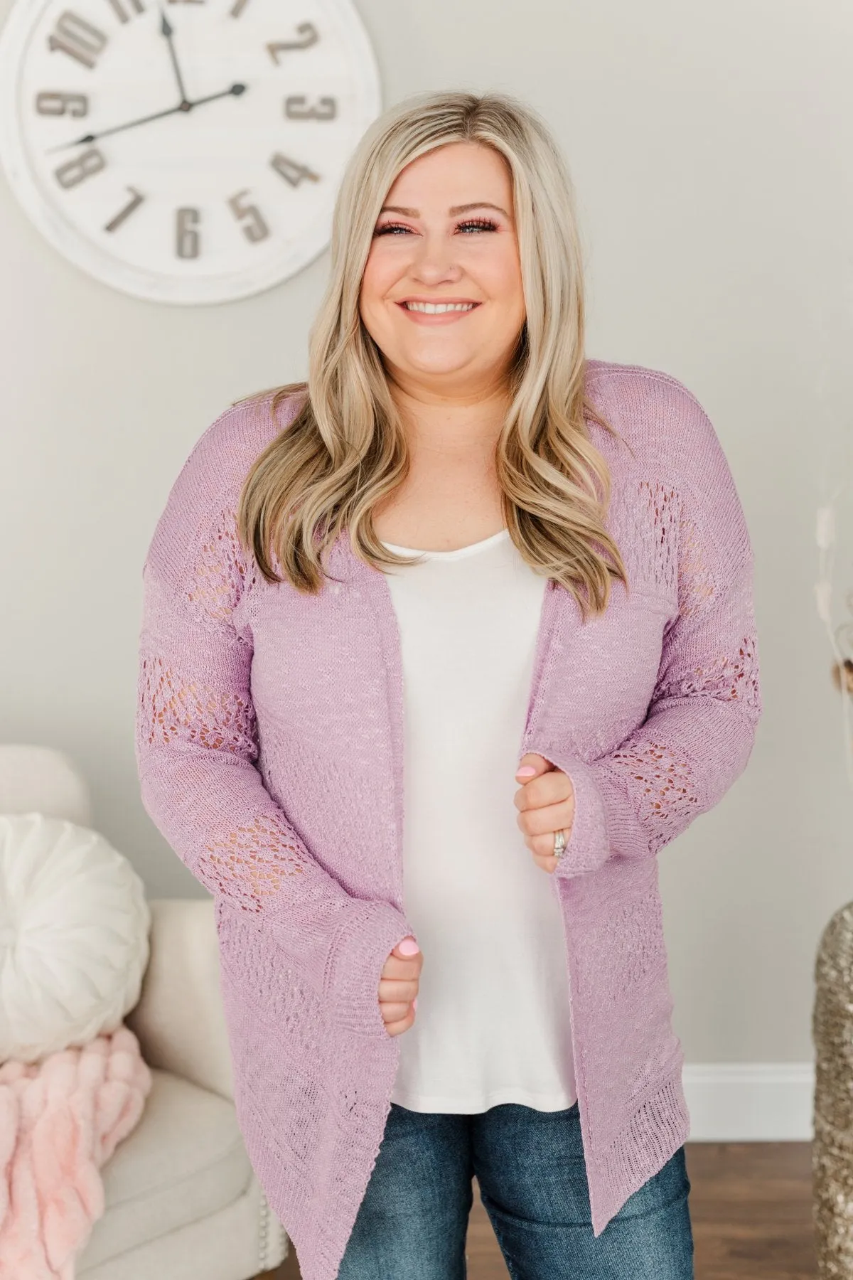 Lovely Life To Live Open Knit Cardigan- Lavender