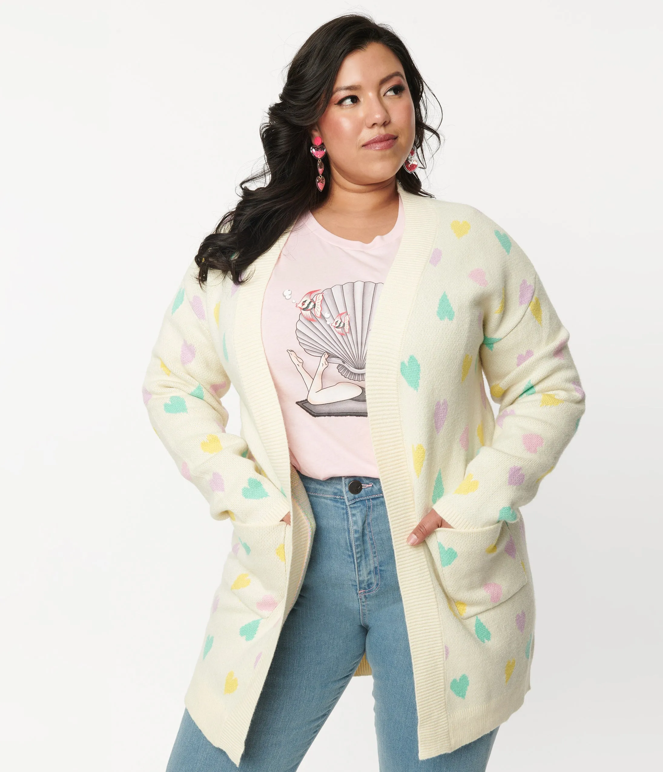 Magnolia Place Plus Size Cream & Pastel Hearts Cardigan