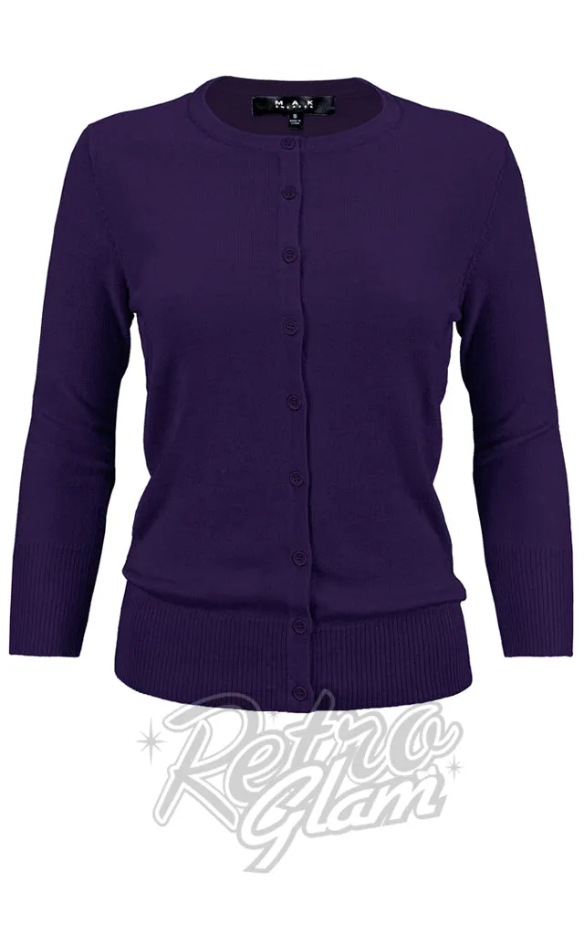 Mak 3/4 Sleeve Crewneck Cardigan in Grape