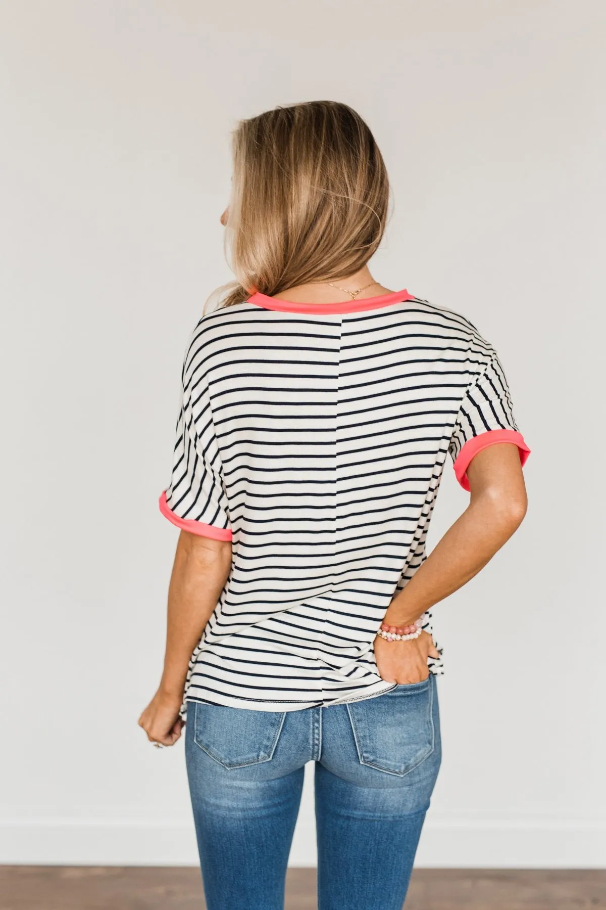 Make Way For Spring Striped Pocket Top- Ivory & Navy